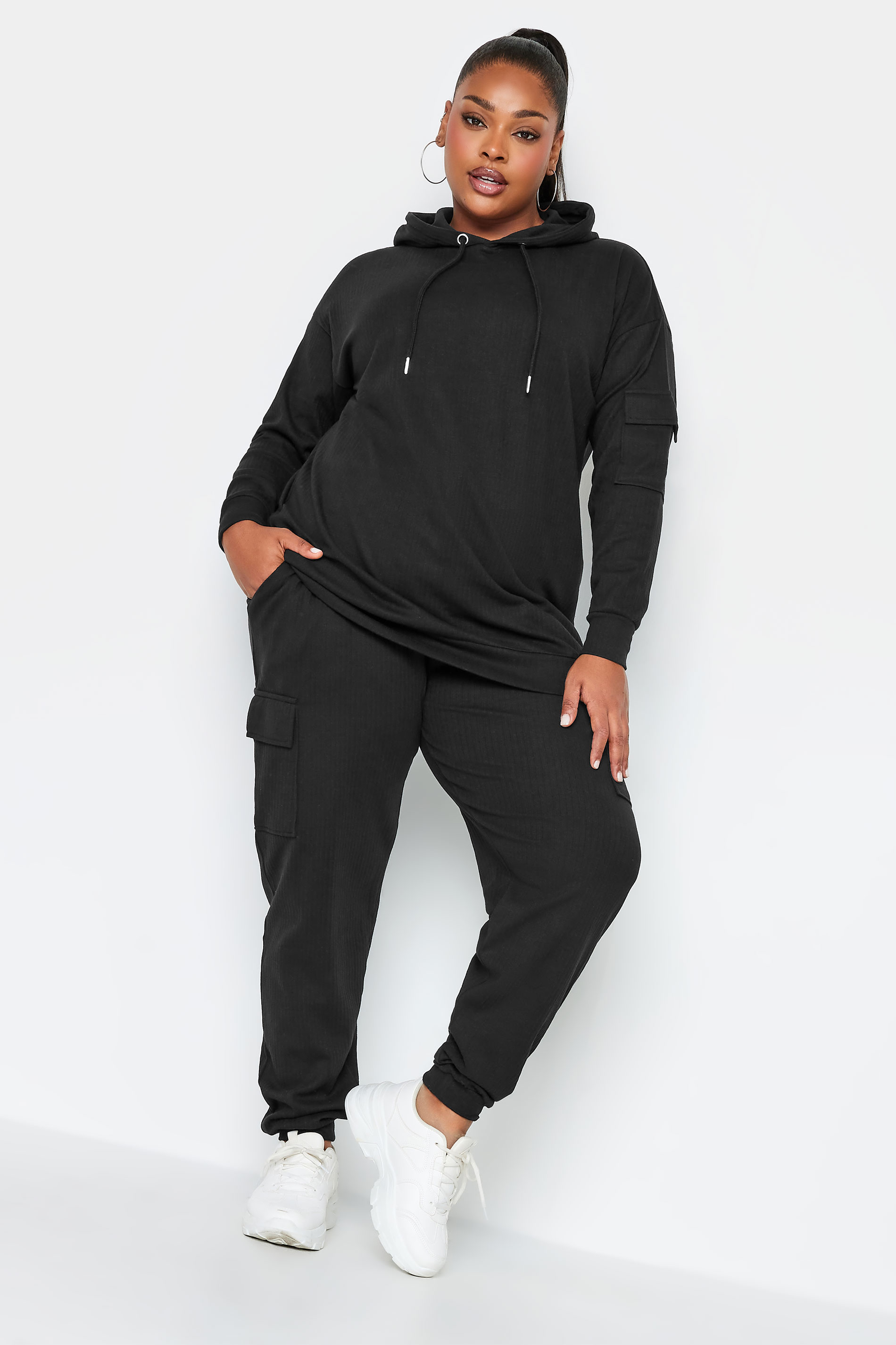 YOURS Plus Size Black Ribbed Cargo Hoodie | Yours Clothing 3
