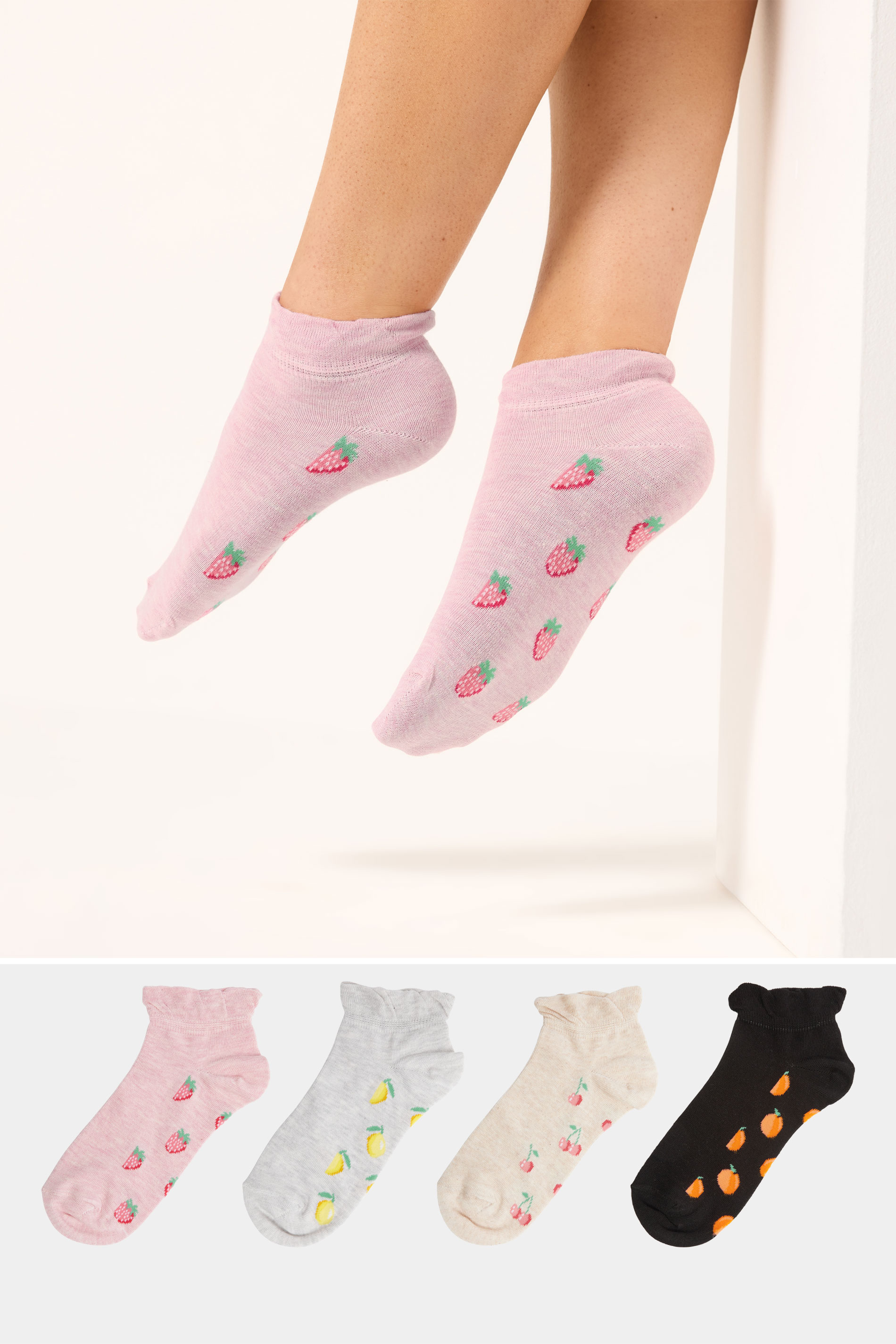 YOURSET 4 PACK Plus Size Grey Fruit Print Trainer Liner Socks | Yours Clothing 1