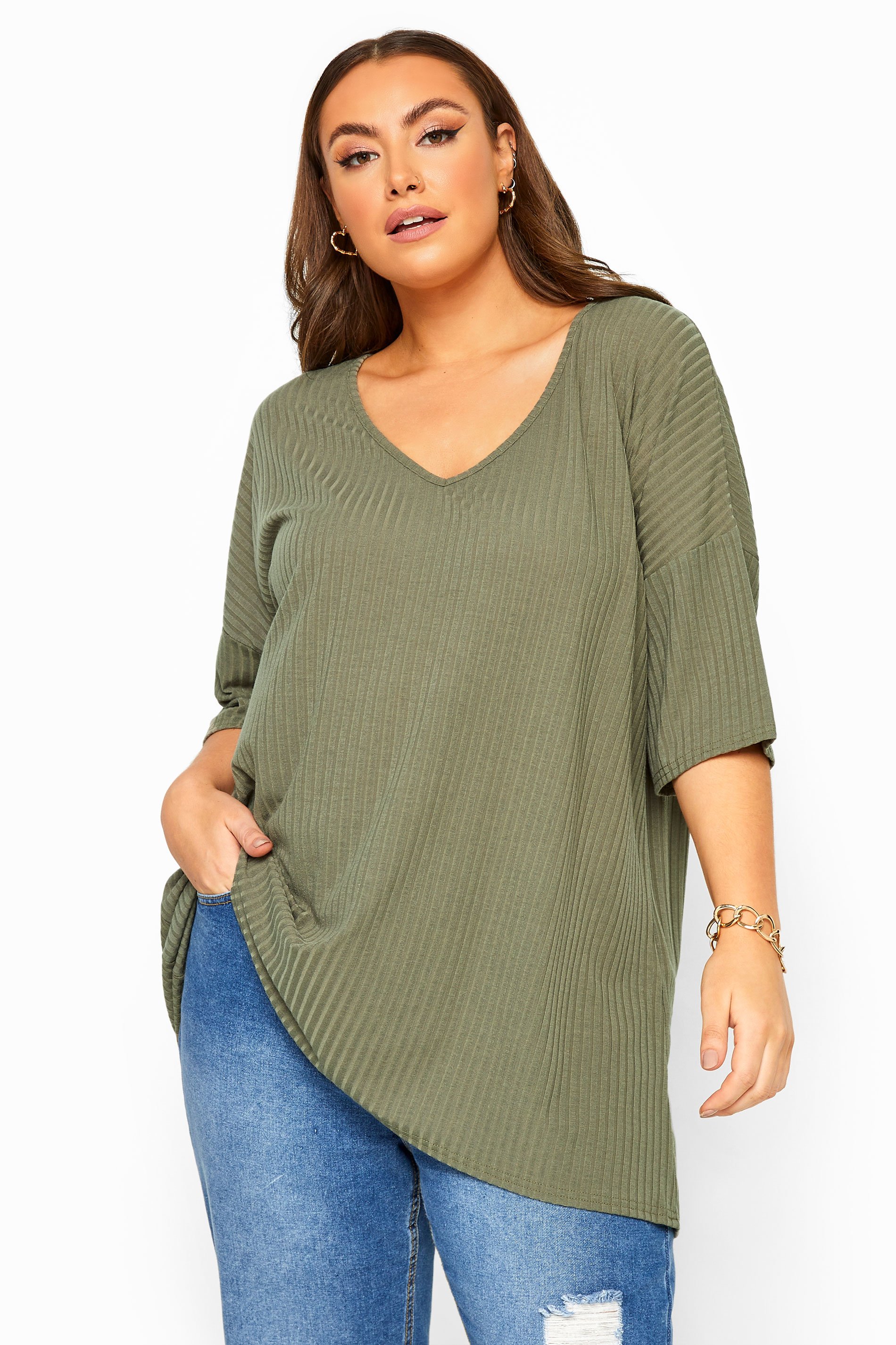 Khaki Ribbed Dipped Hem Top | Yours Clothing