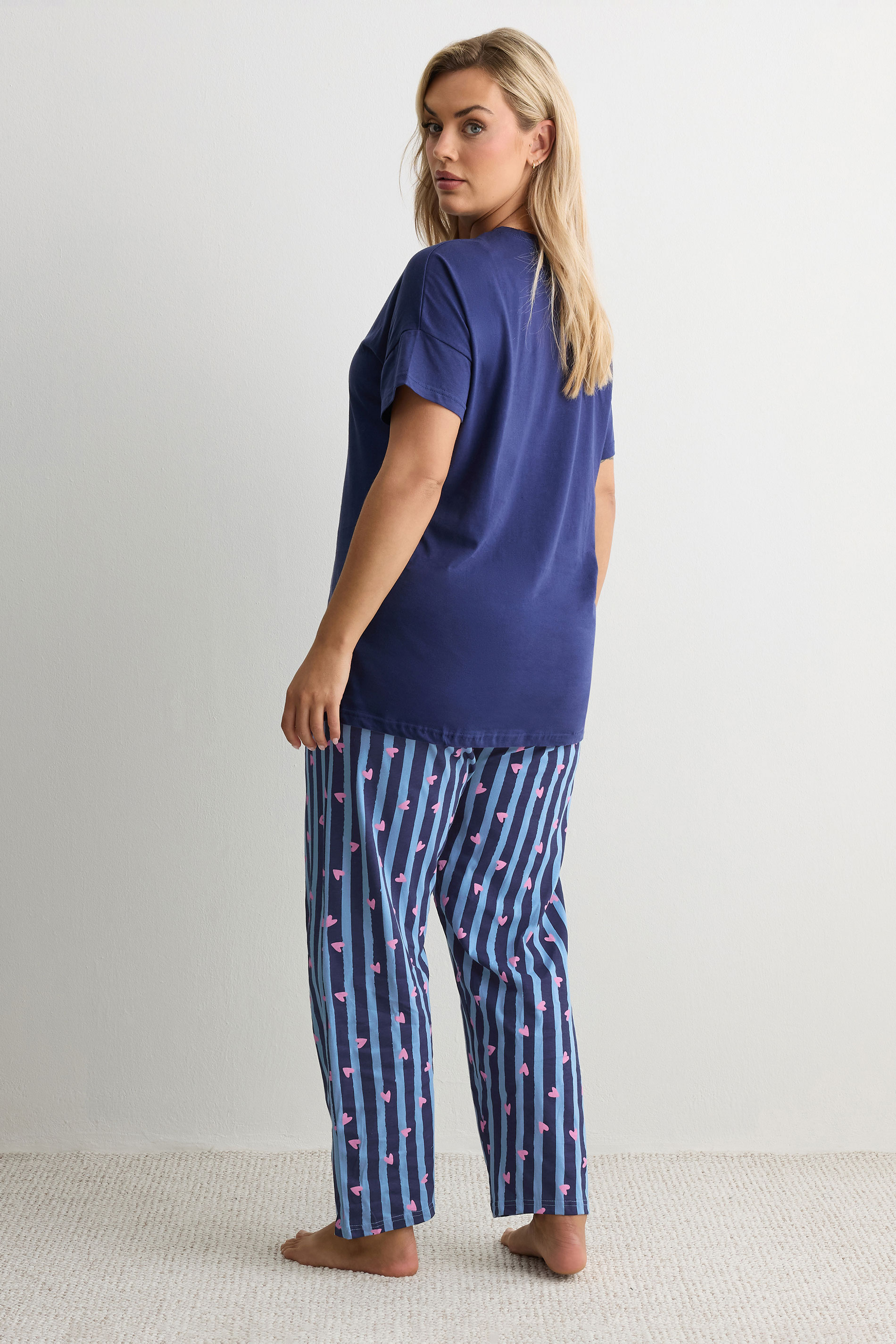 YOURS Plus Size Navy Blue 'Pasta Club' Wide Leg Striped Pyjama Set | Yours Clothing 2