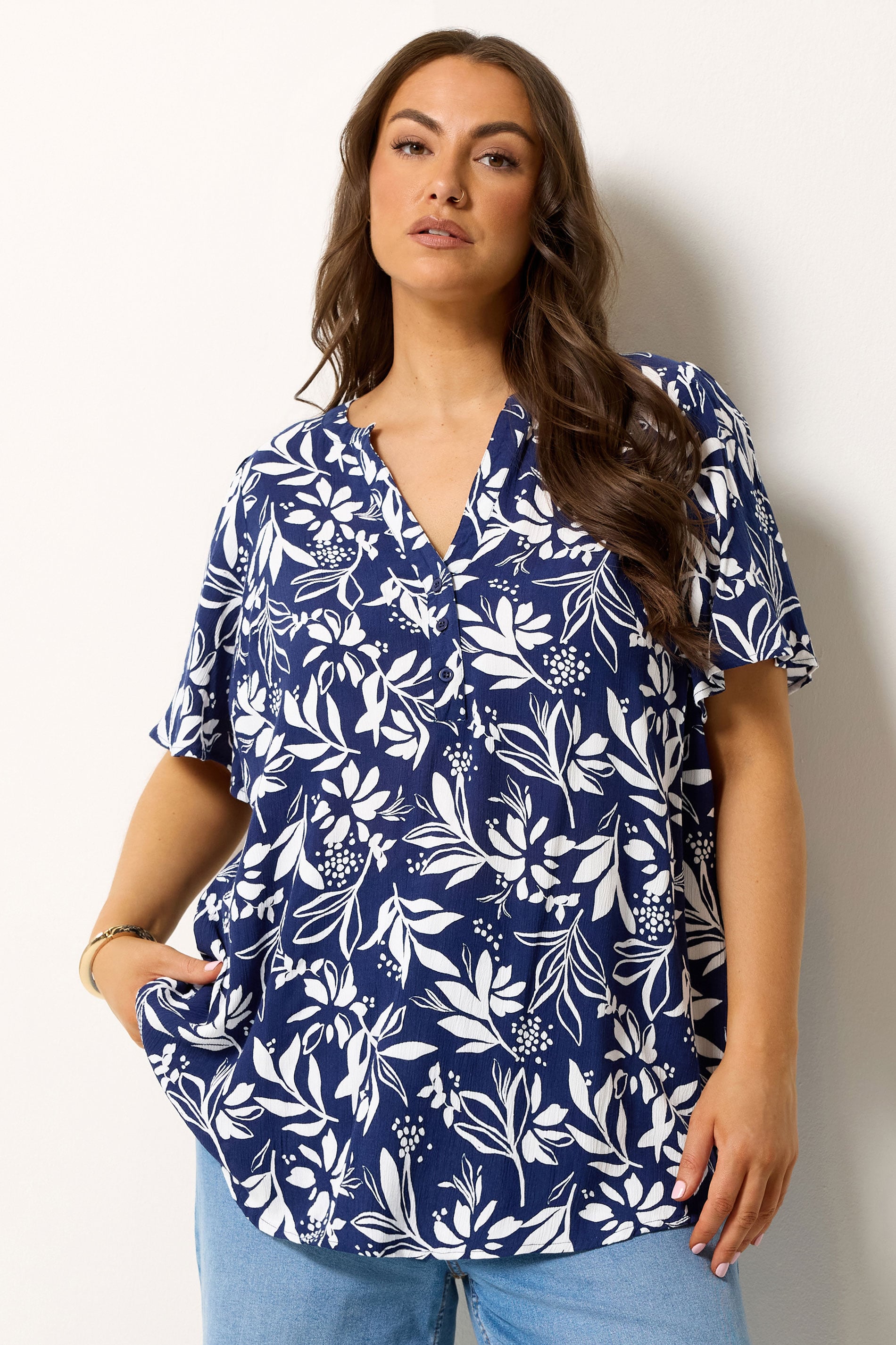 YOURS Plus Size Navy Blue Leaf Notch Neck Top | Yours Clothing 3