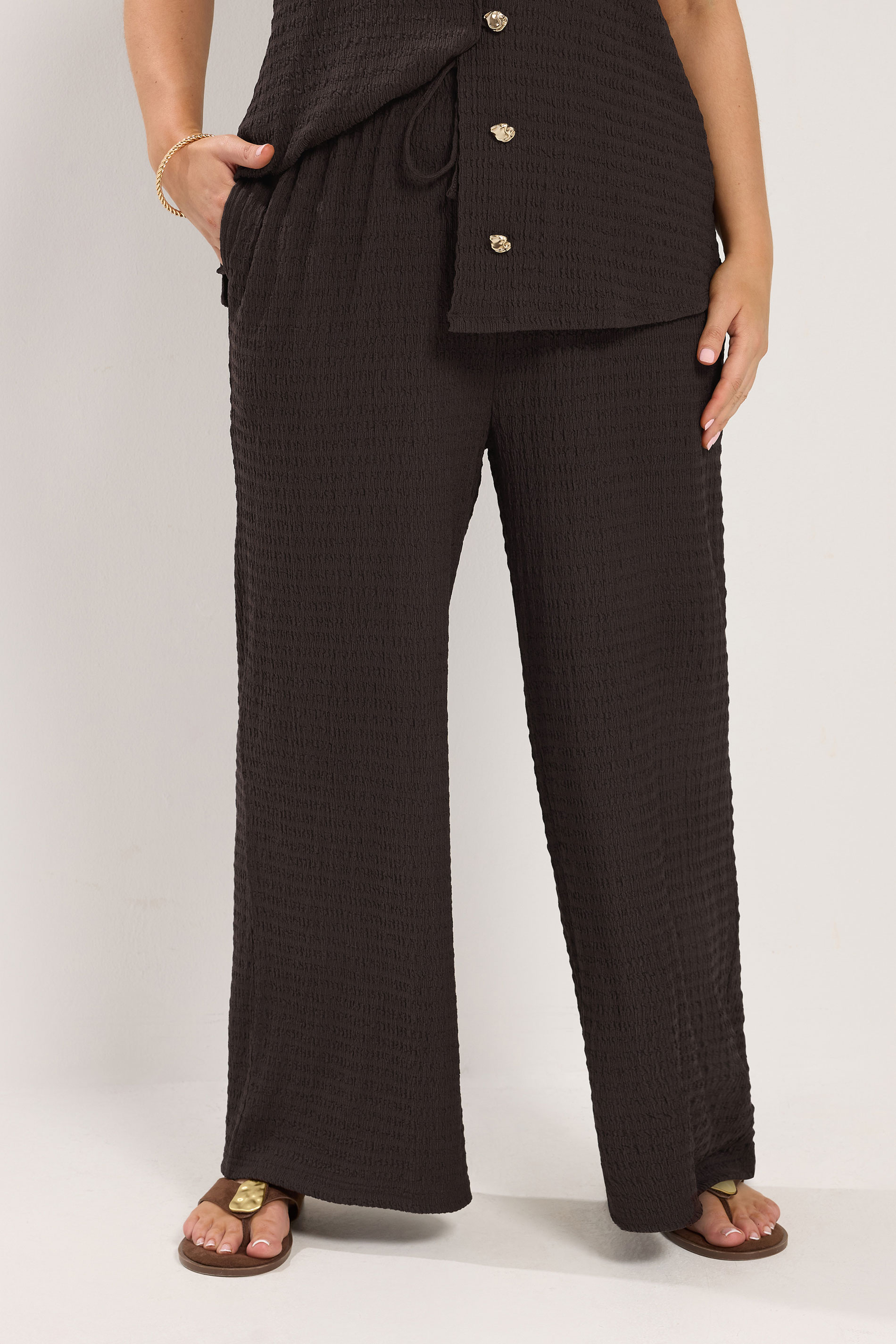 YOURS Plus Size Chocolate Brown Wide Leg Crinkle Trousers | Yours Clothing 3