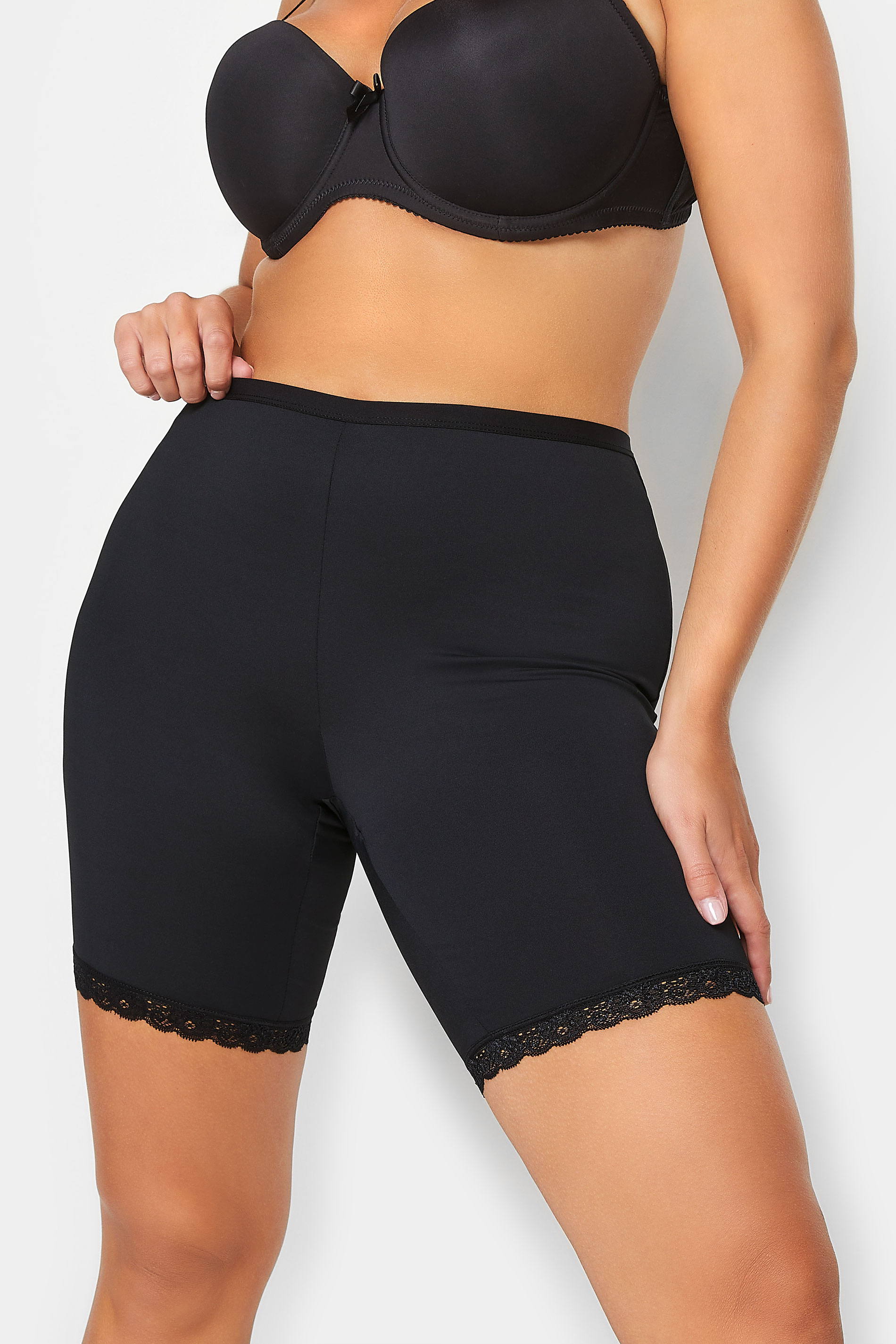 Black Lace Trim Anti Chafing High Waisted Shorts | Yours Clothing 1
