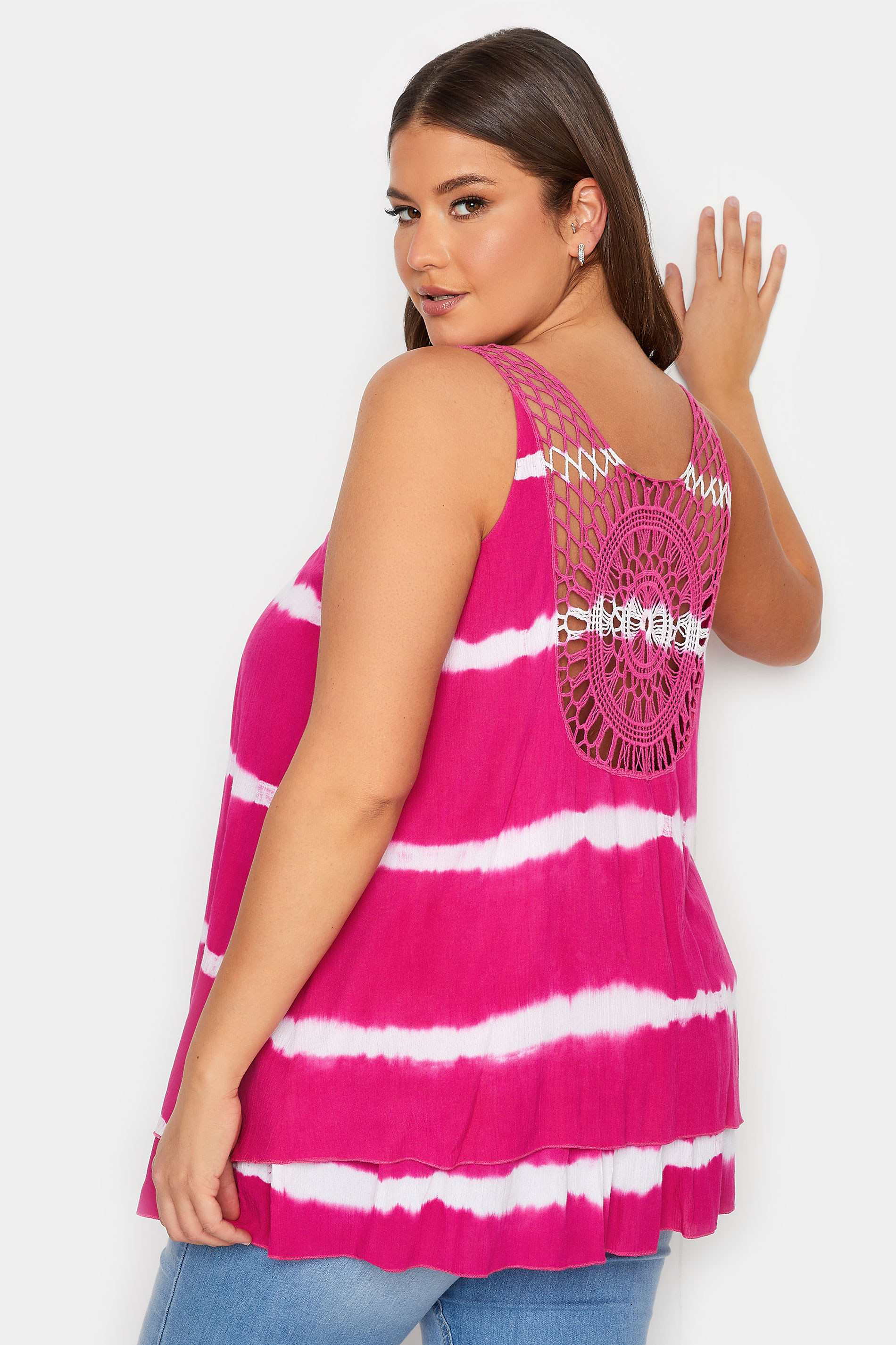YOURS Plus Size Pink Tie Dye Crinkle Crochet Back Vest Top | Yours Clothing 2