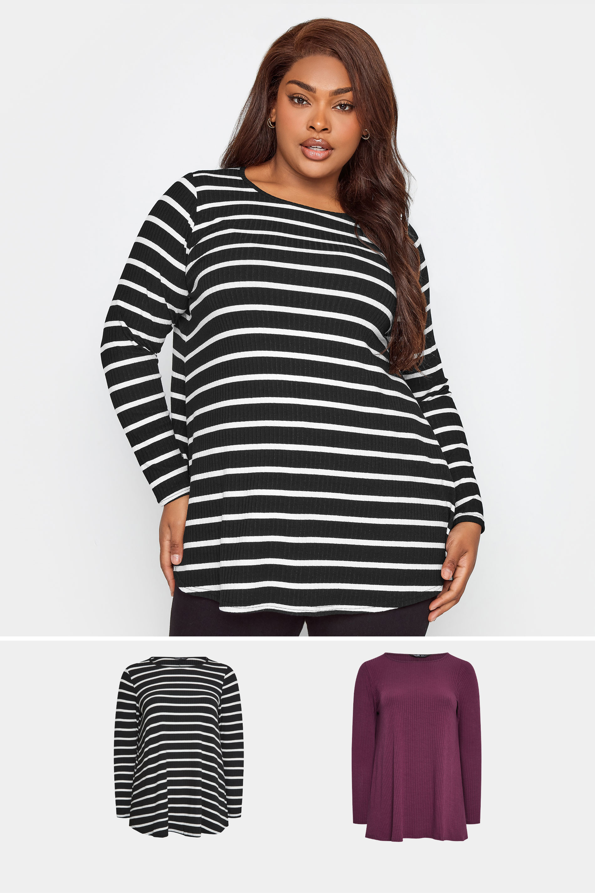 YOURS Curve Plus Size 2 PACK Black & Purple Stripe Ribbed Swing Top | Yours Clothing  1