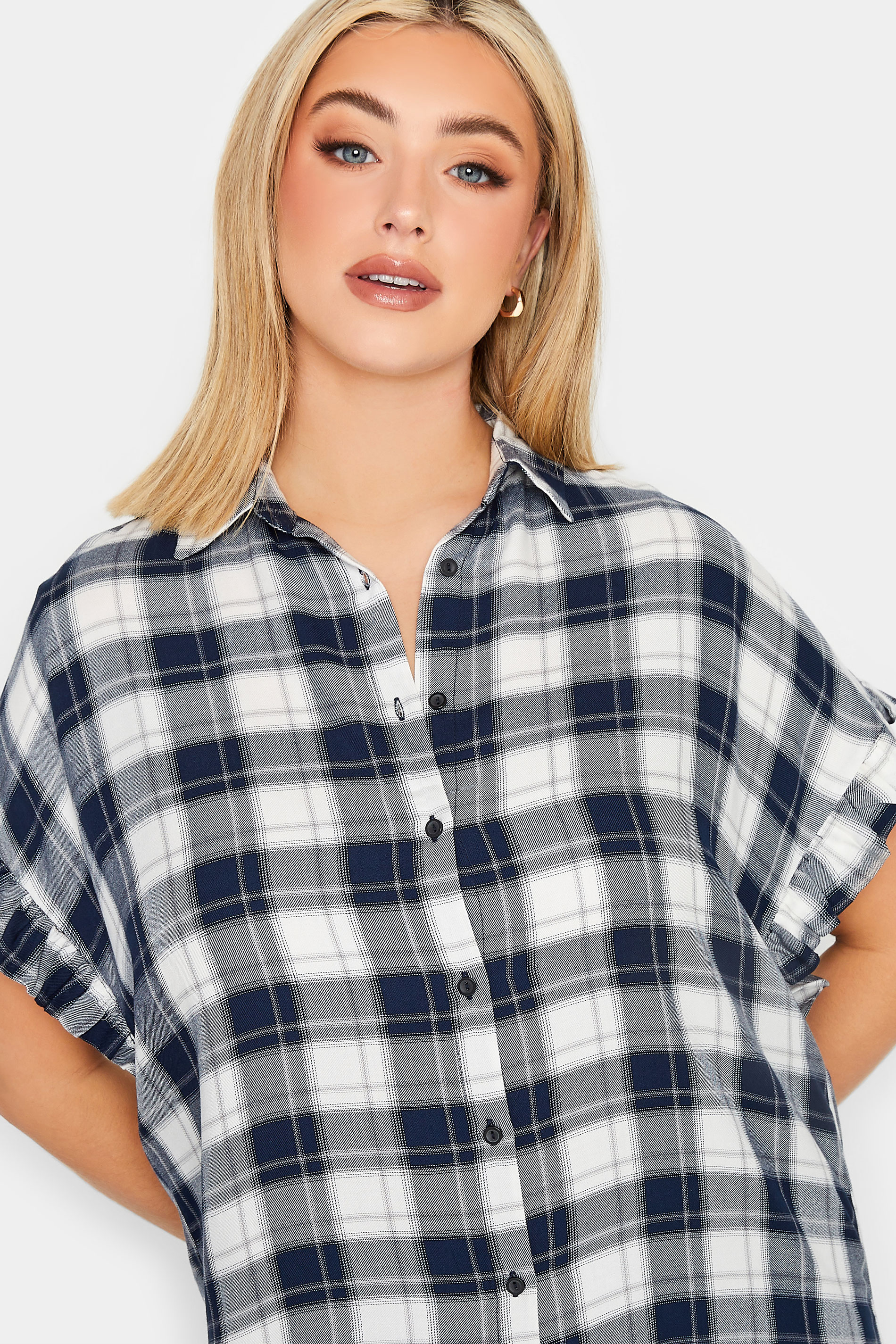 YOURS Plus Size Navy Blue Check Print Frill Sleeve Collared Shirt ...