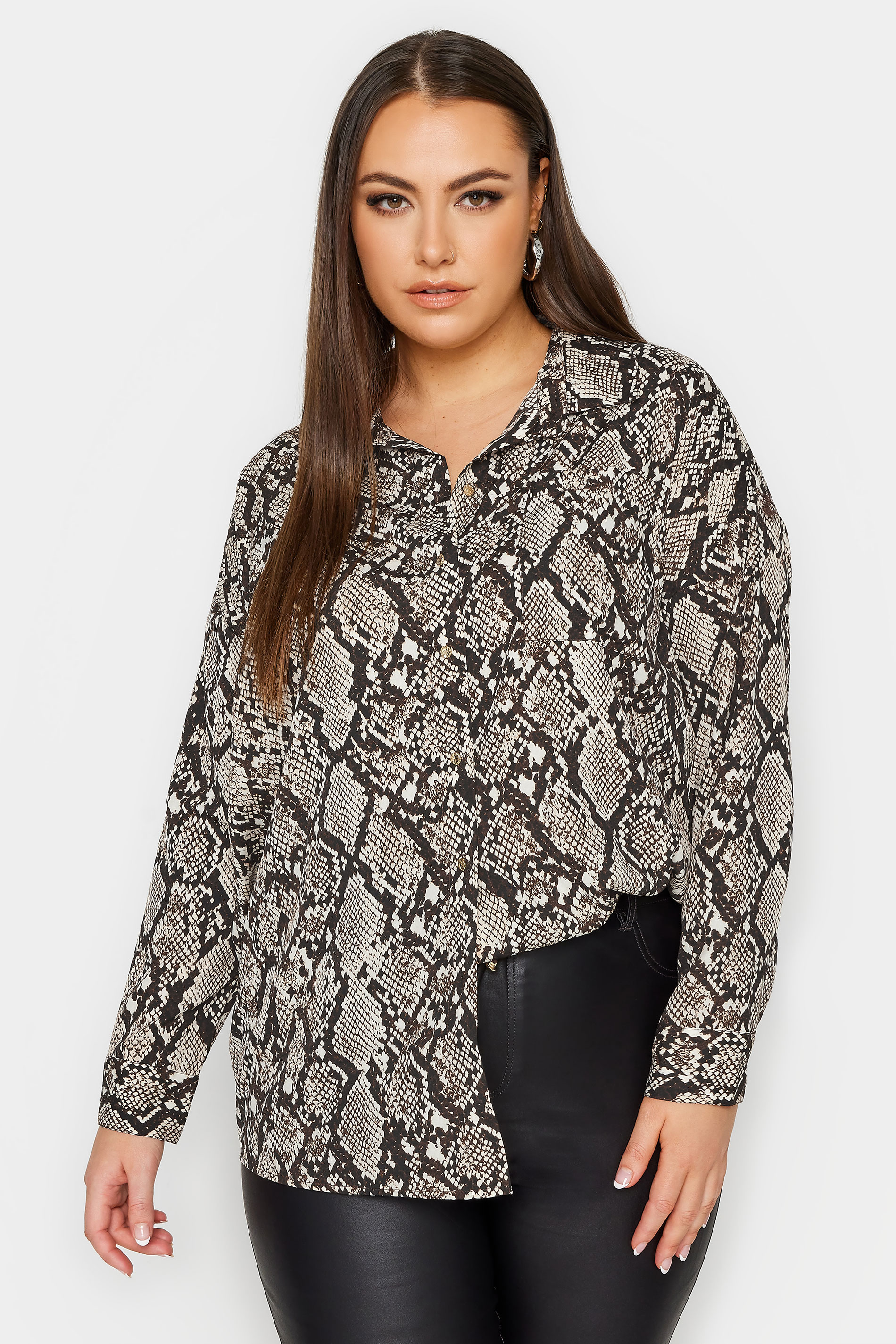 YOURS Plus Size Stone Brown Snake Print Shirt | Yours Clothing 1
