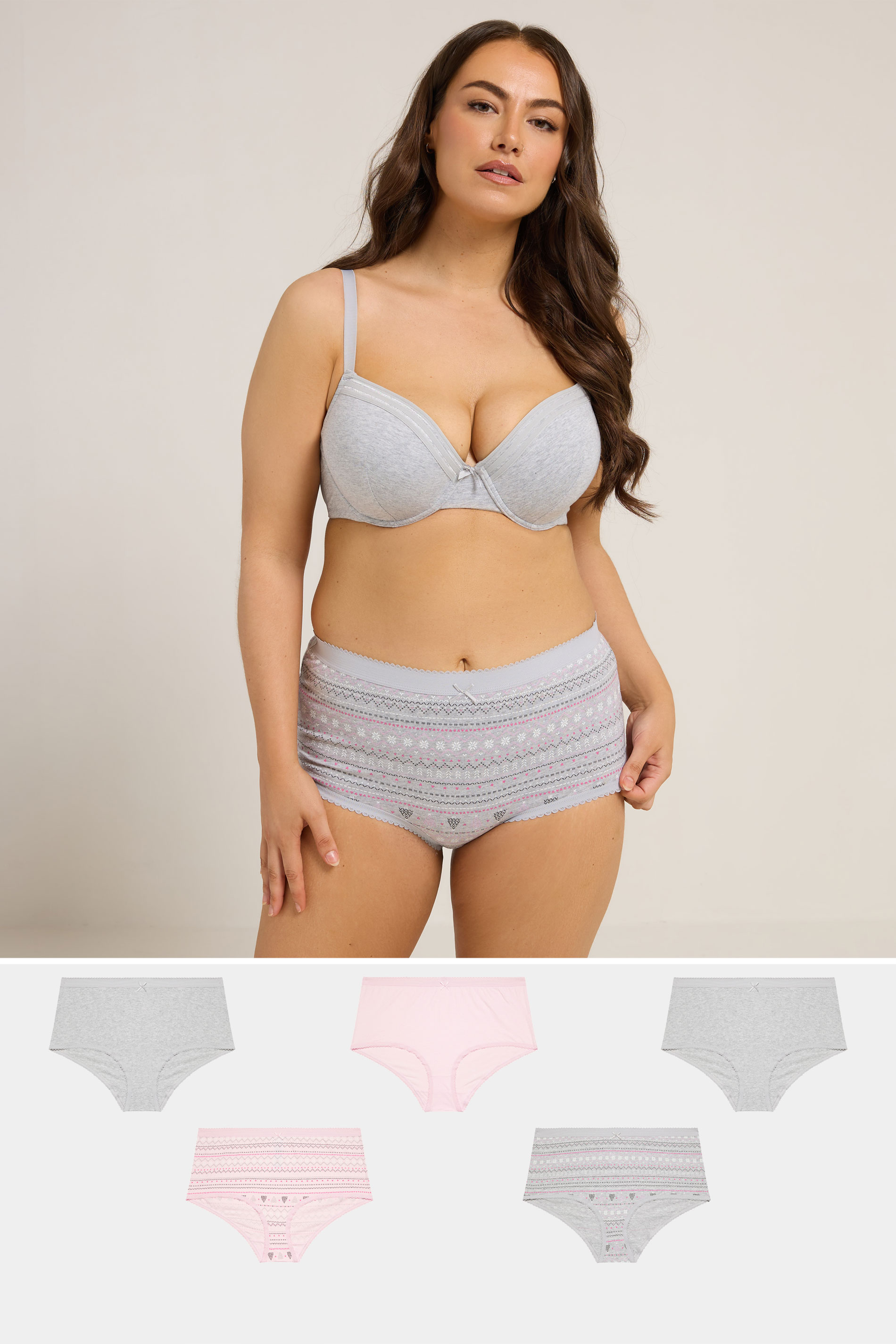 Grey Yours 5 Pack Curve Fairisle Full Briefs