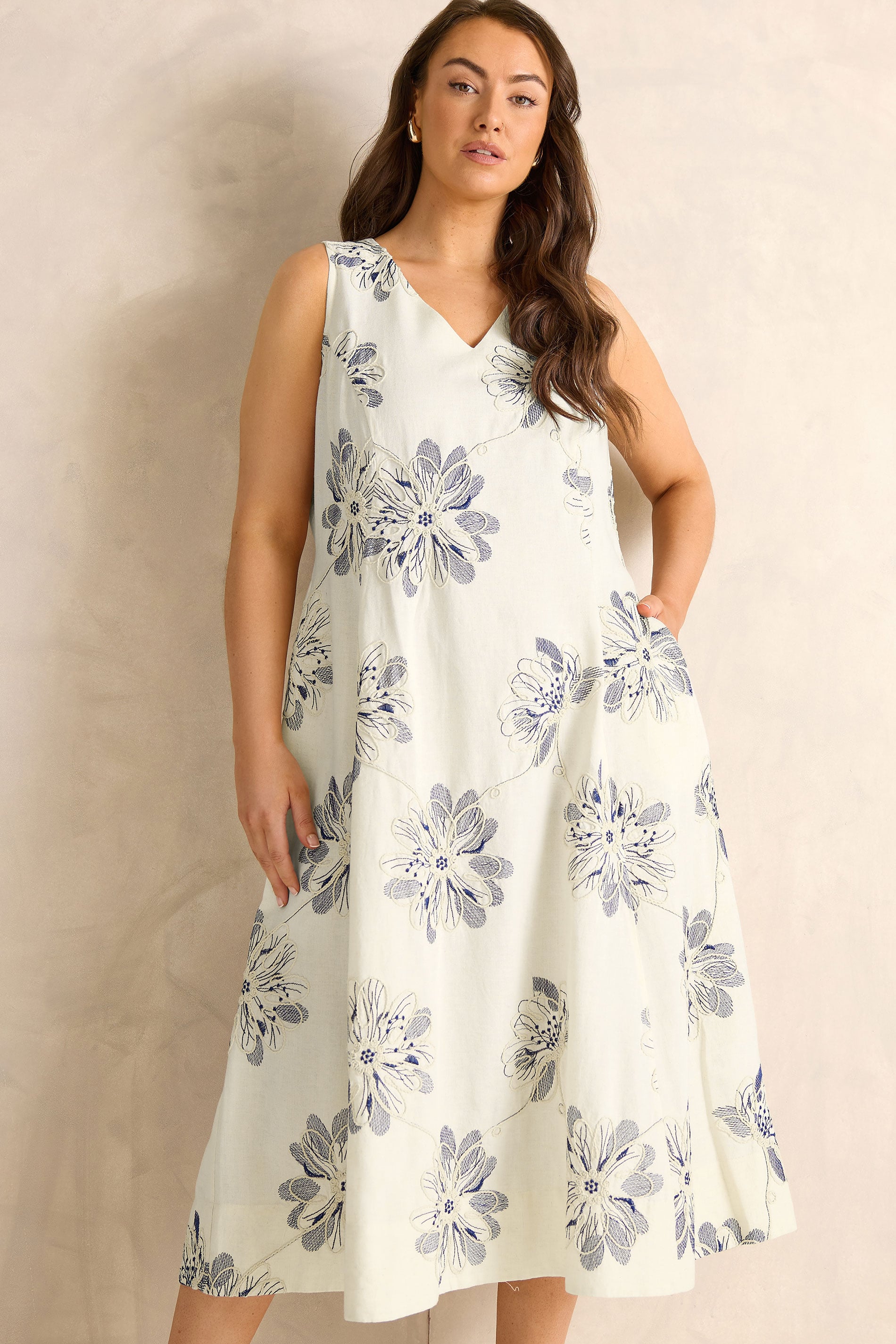 EVANS Plus Size Cream Embroidered Floral Linen Midi Dress | Evans 3