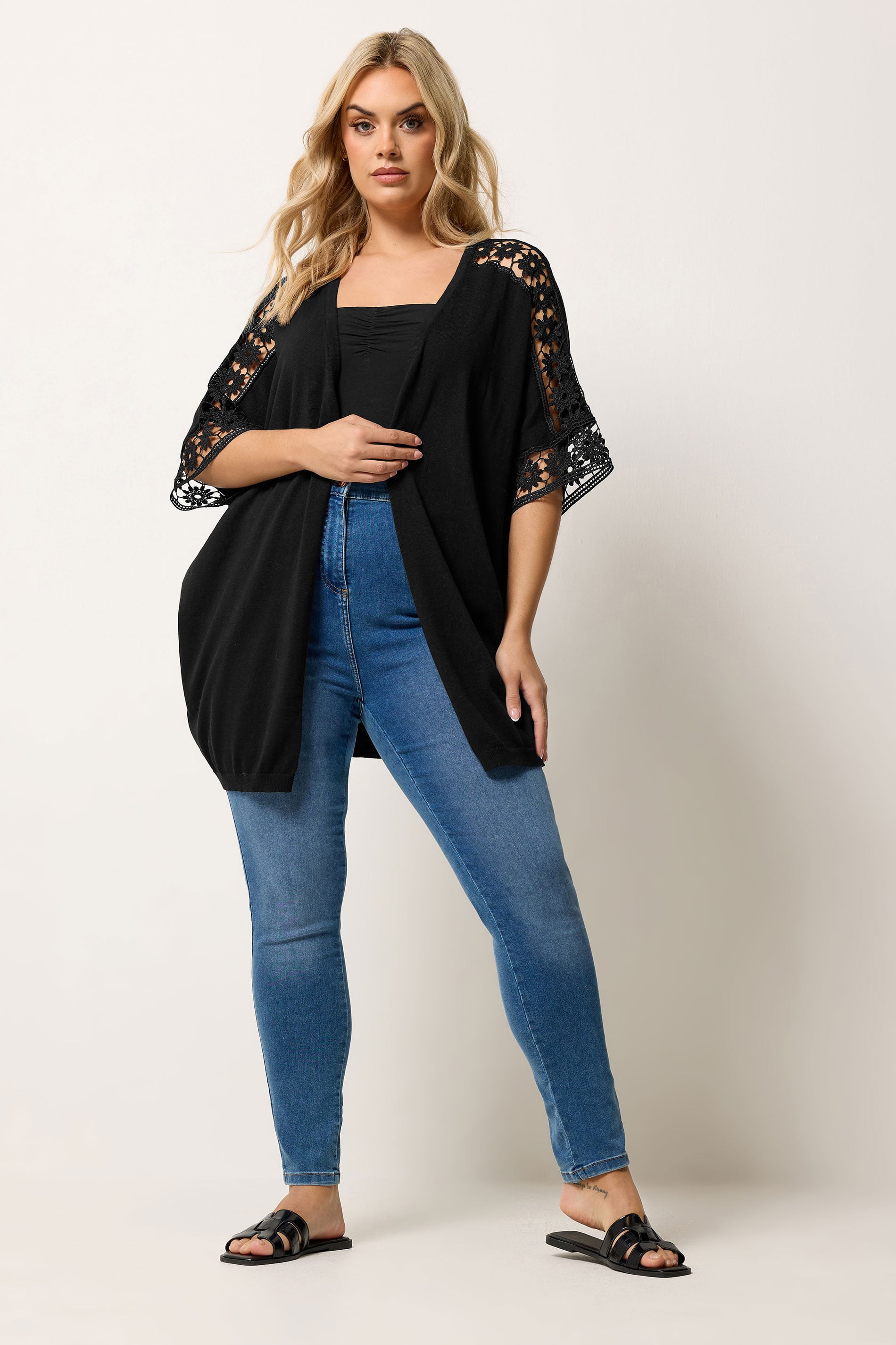 YOURS Plus Size Black Crochet Sleeve Kimono | Yours Clothing 1