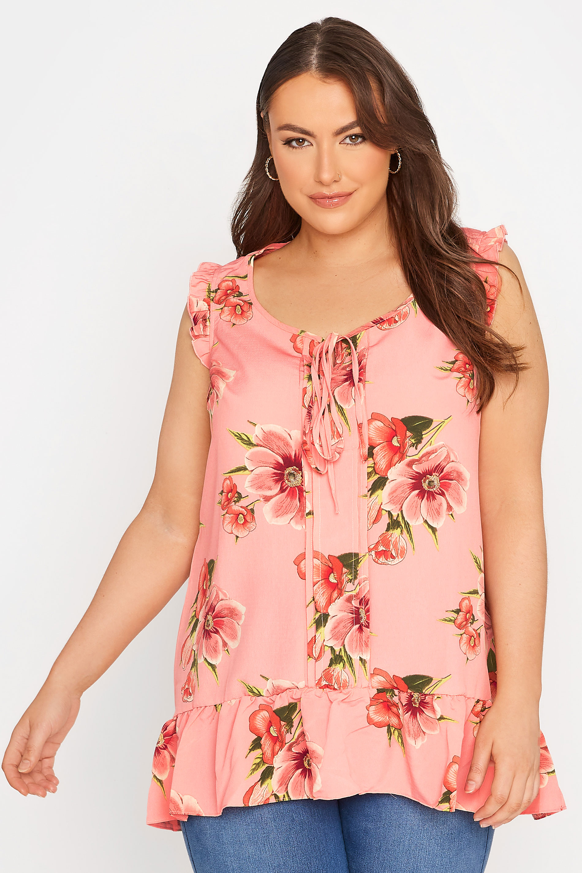 Plus Size Pink Floral Pintuck Frill Top | Yours Clothing 1