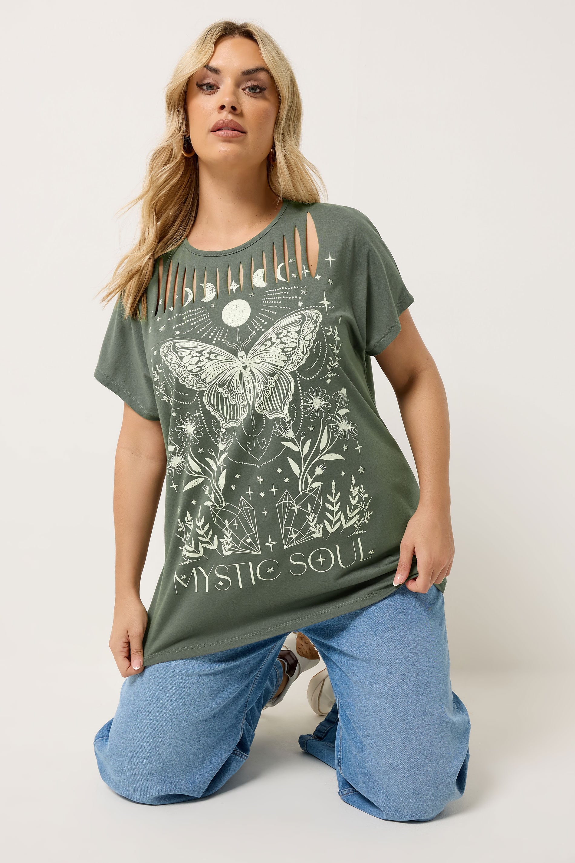 YOURS Plus Size Khaki Green  'Mystic Soul' Laser Cut Slogan T-Shirt | Yours Clothing 3