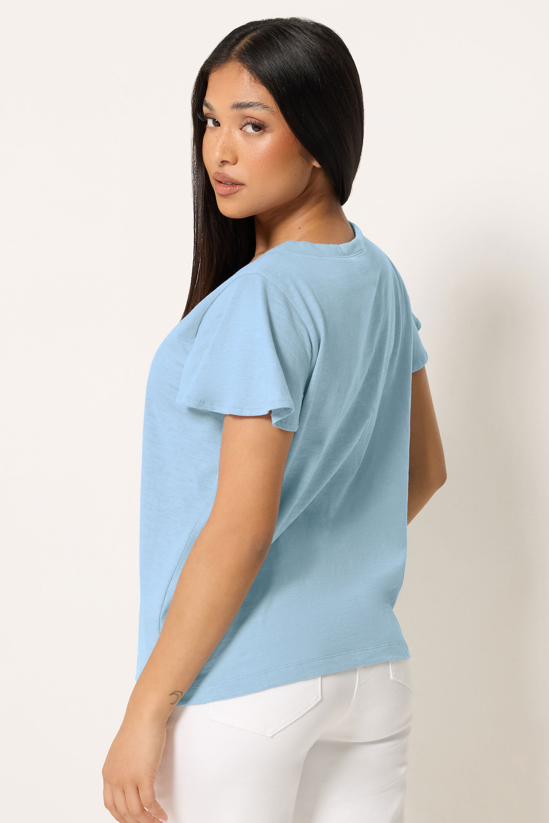 M&Co Petite Blue Cotton Frill Sleeve Shirt | M&Co 2
