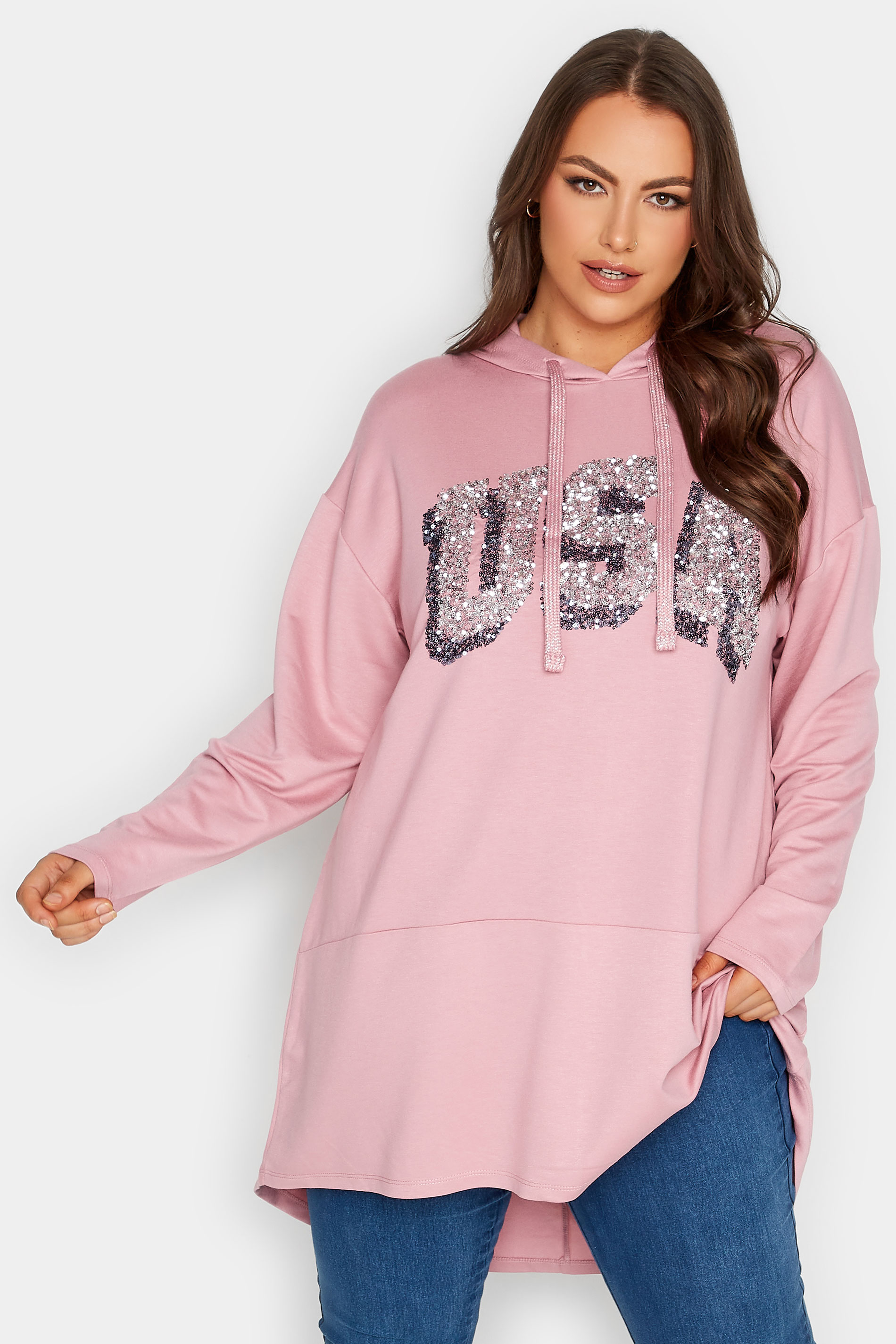 YOURS Plus Size Curve Blush Pink Blue 'USA' Slogan Longline Hoodie | Yours Clothing  1