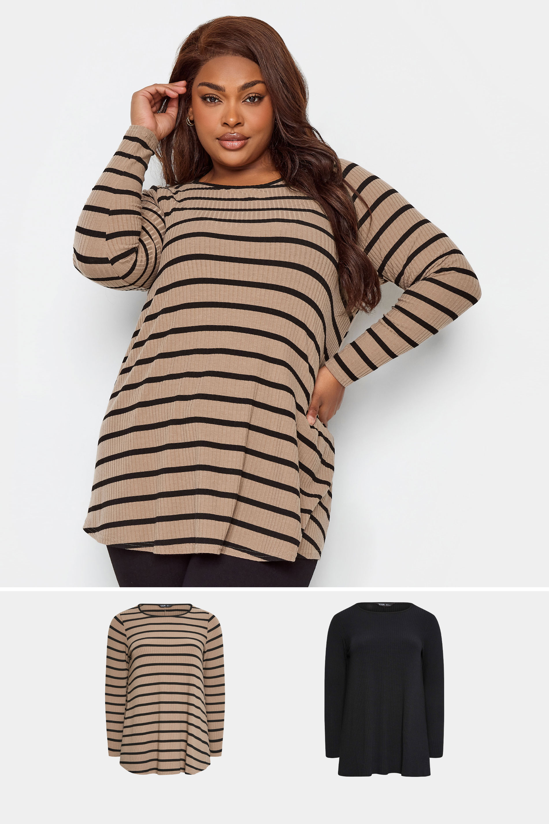 YOURS Curve Plus Size 2 PACK Black & Brown Stripe Ribbed Swing Top | Yours Clothing  1