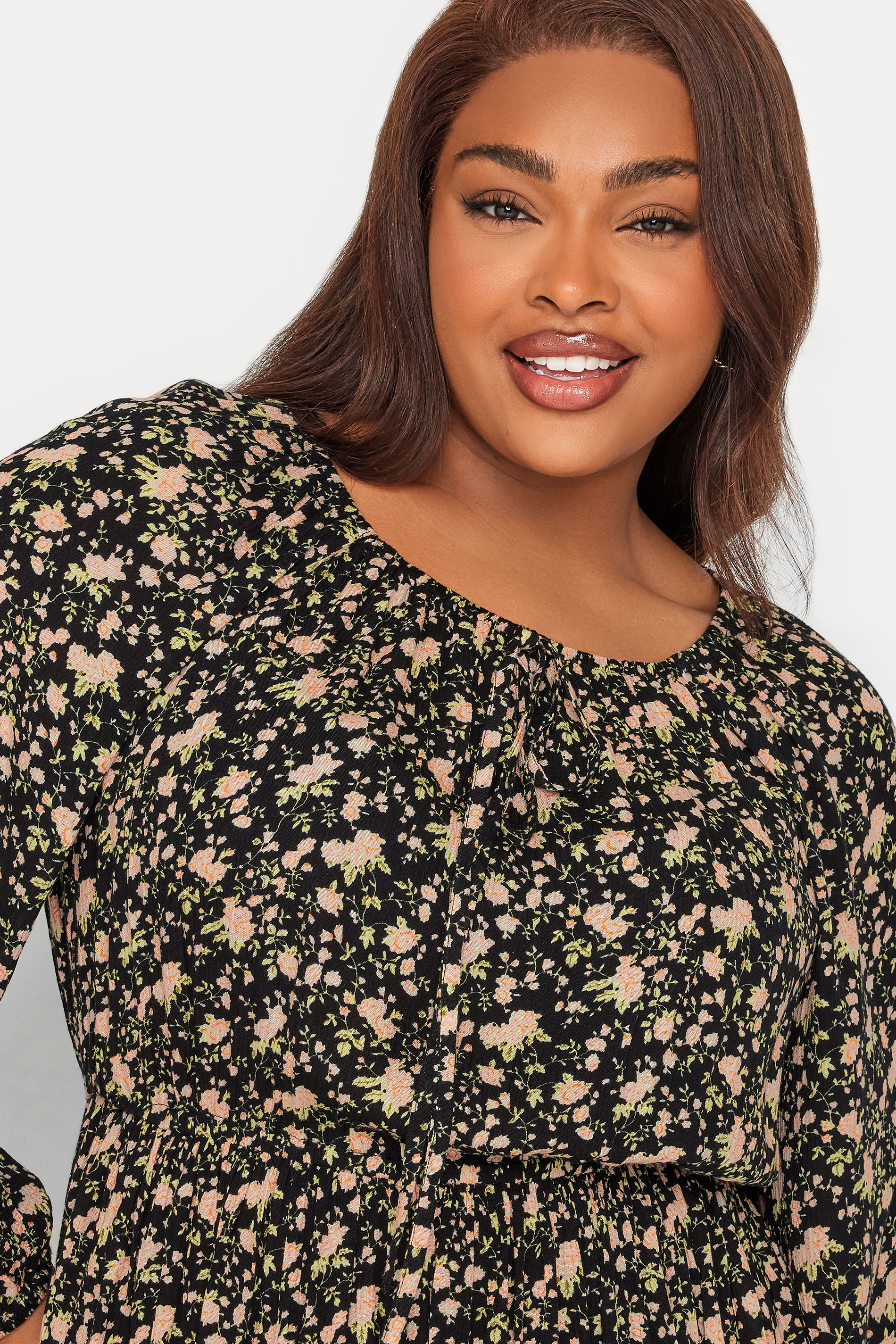 YOURS Plus Size Black Floral Print Long Sleeve Gypsy Tunic Top | Yours Clothing 3