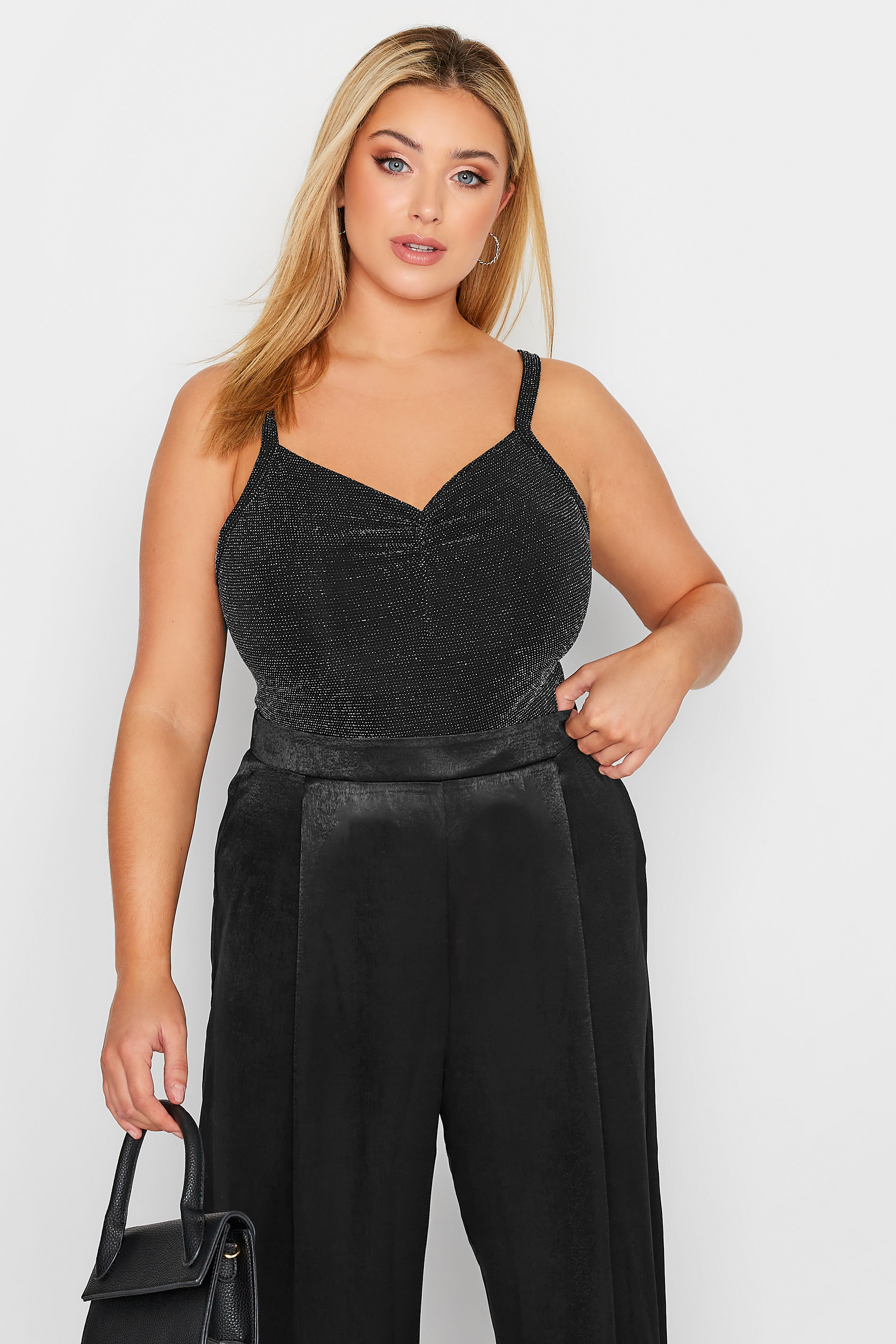 LIMITED COLLECTION Curve Black & Silver Glitter Ruched Bodysuit | Yours Clothing 1
