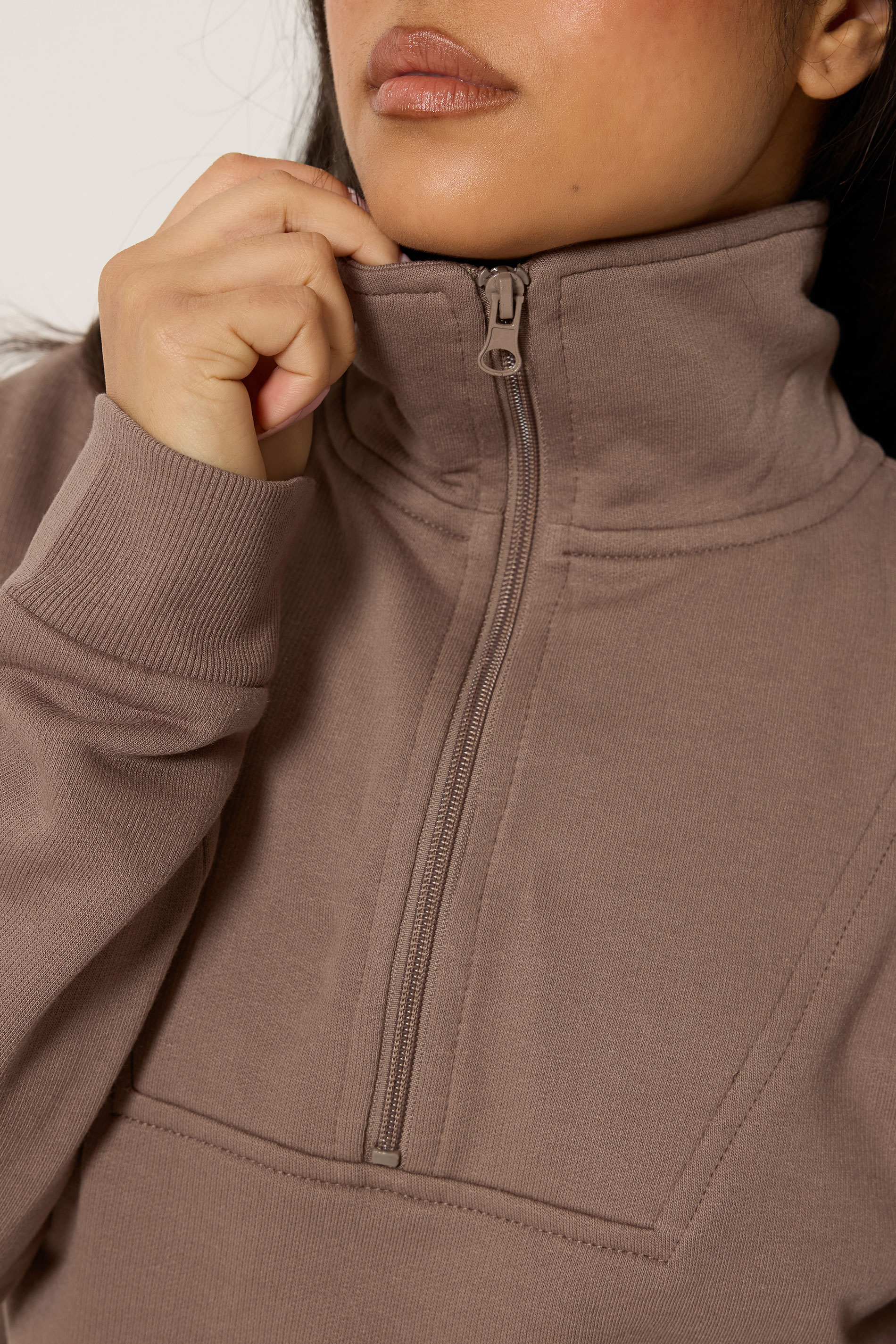 PixieGirl Petite Women's Mocha Brown Funnel Neck Half Zip Sweatshirt | PixieGirl  4
