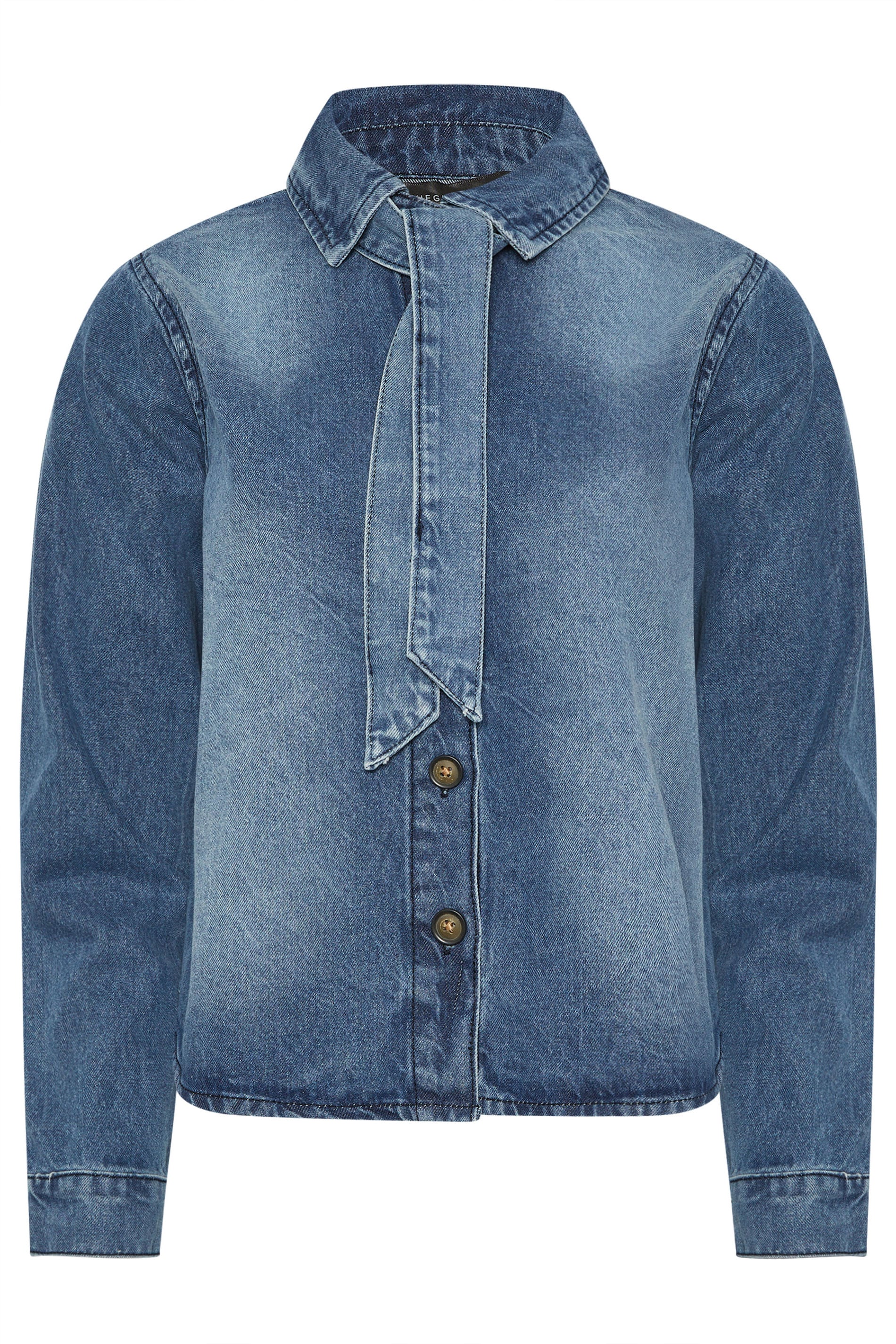 PixieGirl Petite Women's Blue Denim Tie Neck Cotton Shirt | PixieGirl 5
