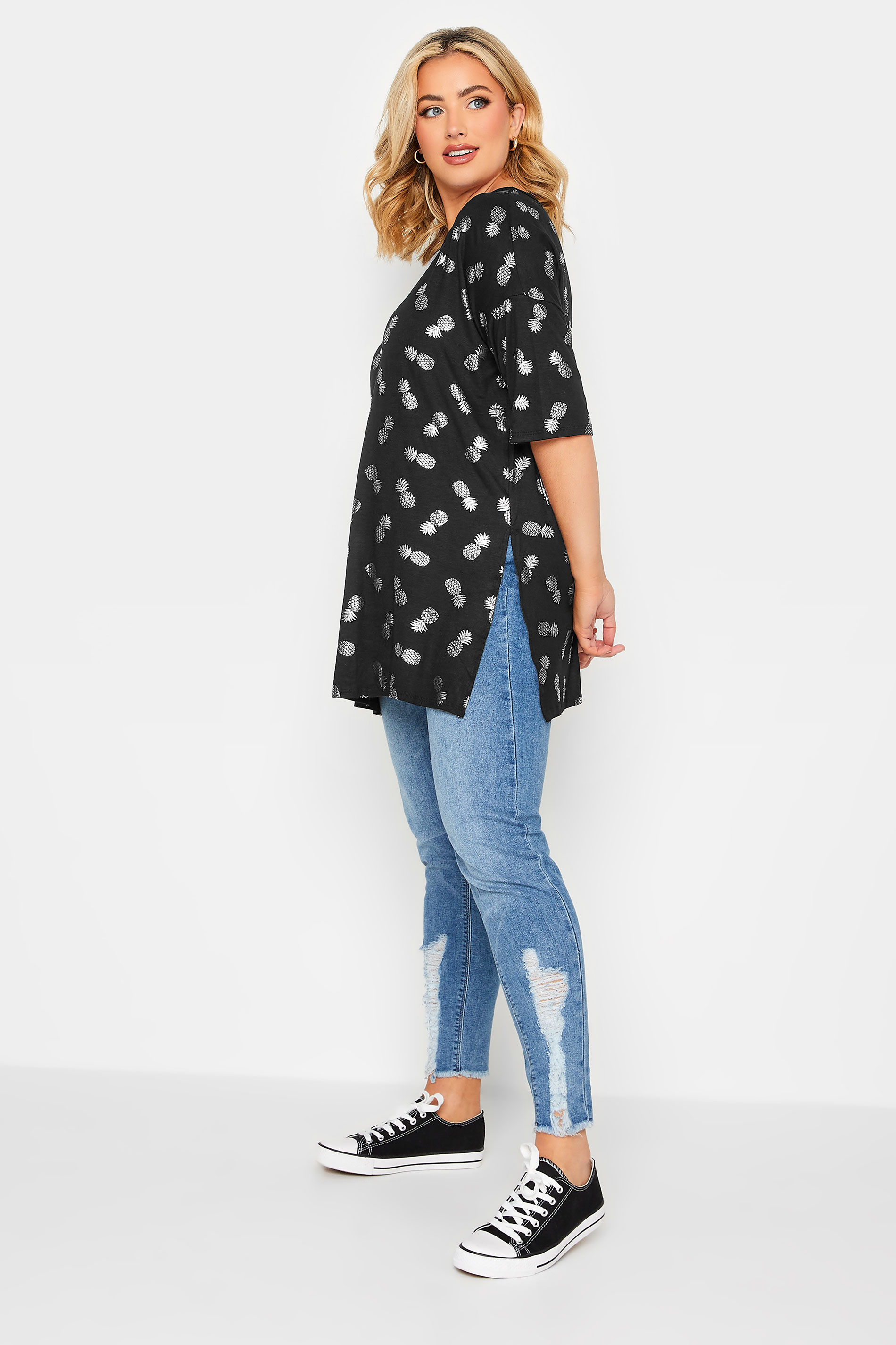 YOURS Plus Size Black Pineapple Foil Print T-Shirt | Yours Clothing 2
