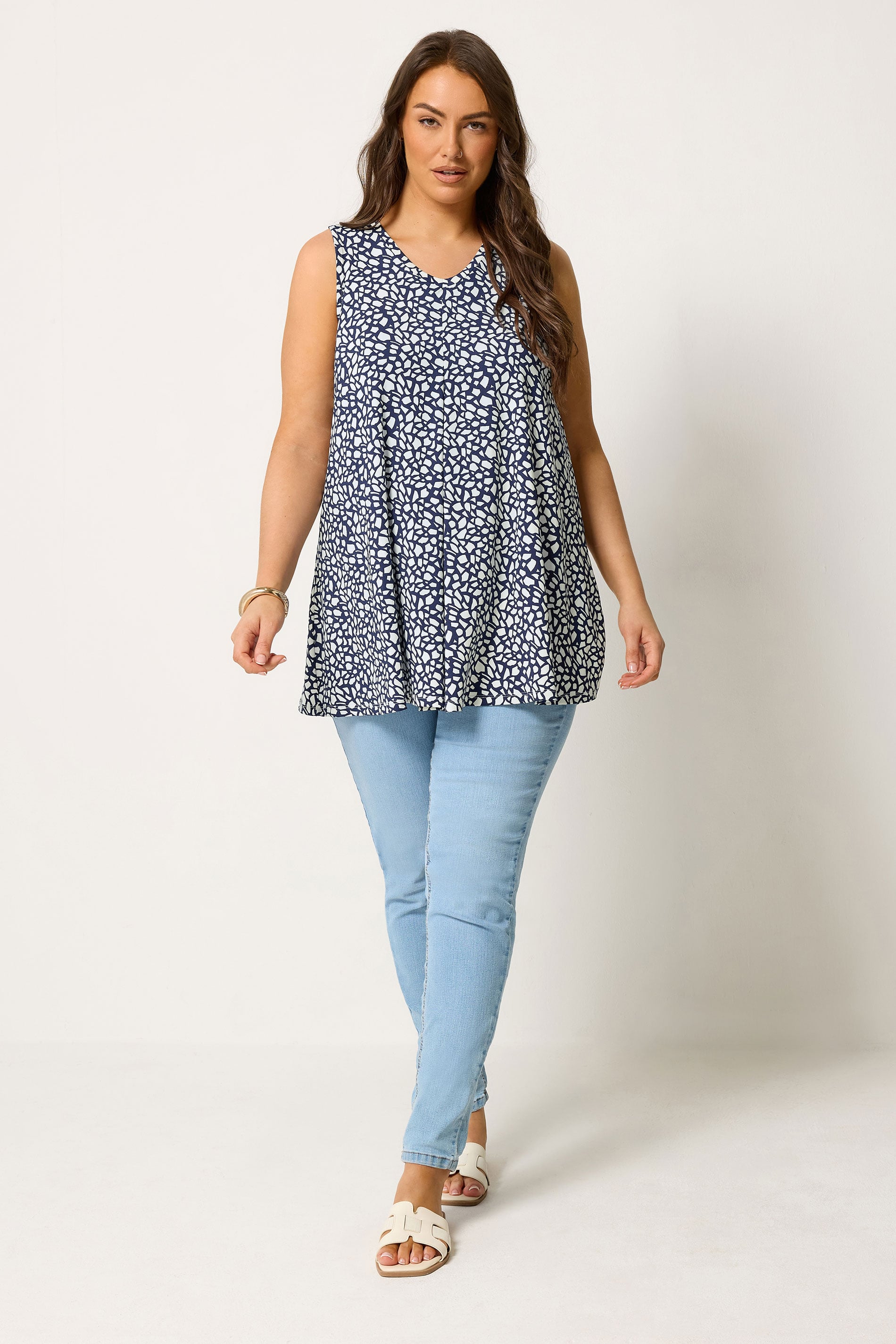 YOURS Curve Navy Blue Abstract Print Front Pleat Vest Top | Yours Clothing 1