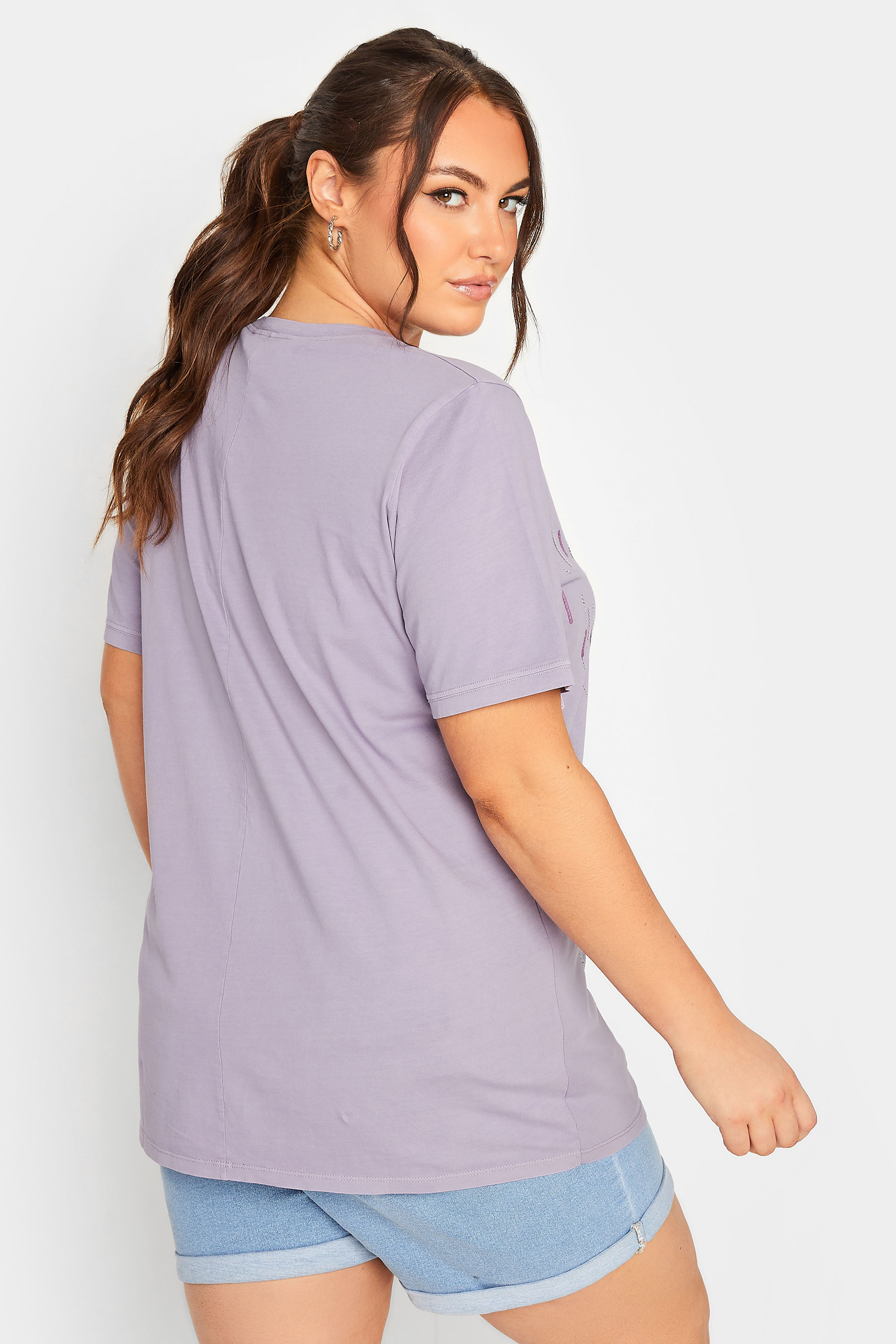 YOURS Plus Size Curve Lilac Purple Embellished T-Shirt | Yours Clothing 3