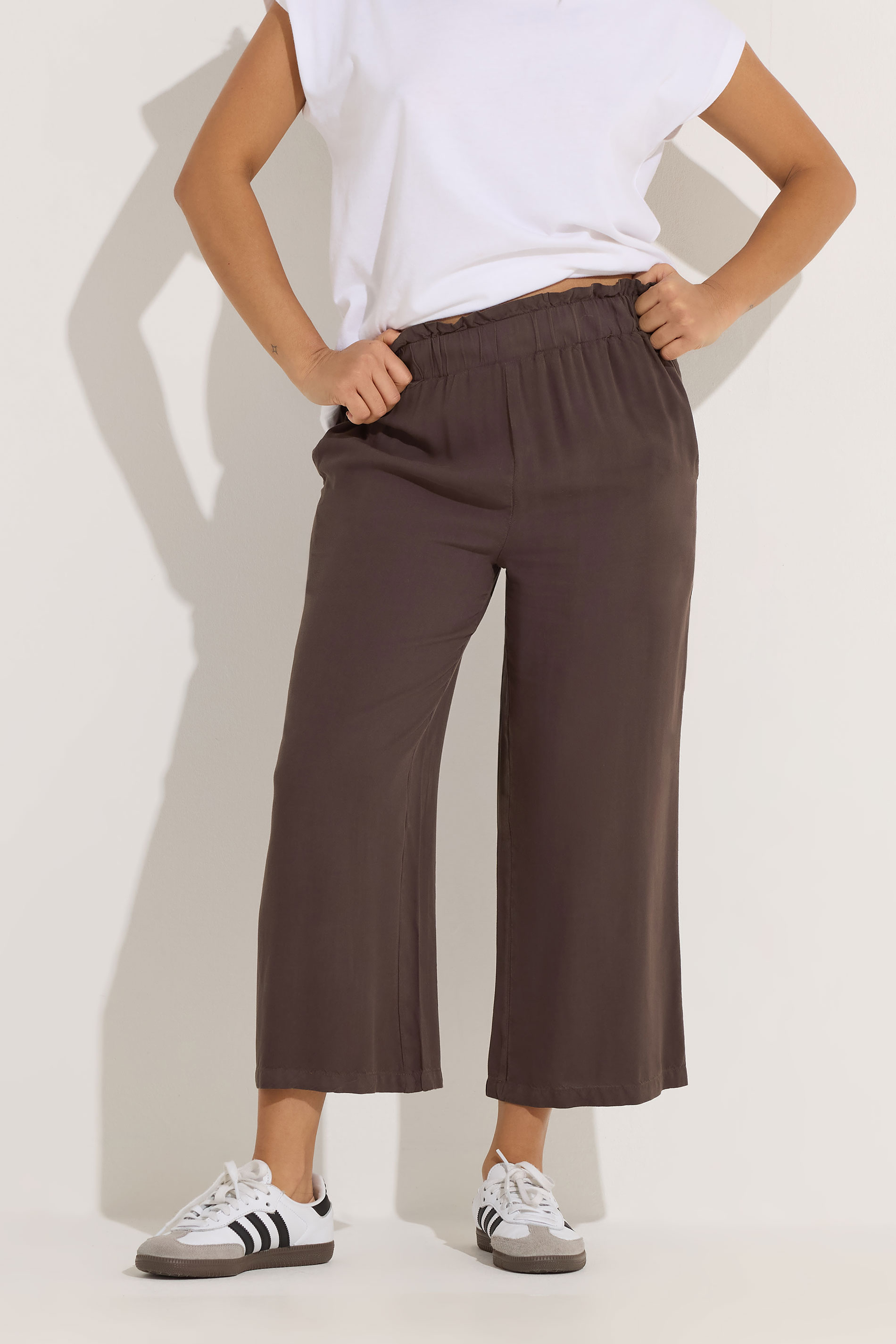 PixieGirl Petite Women's Chocolate Brown Cropped Wide Leg Trousers | PixieGirl 2