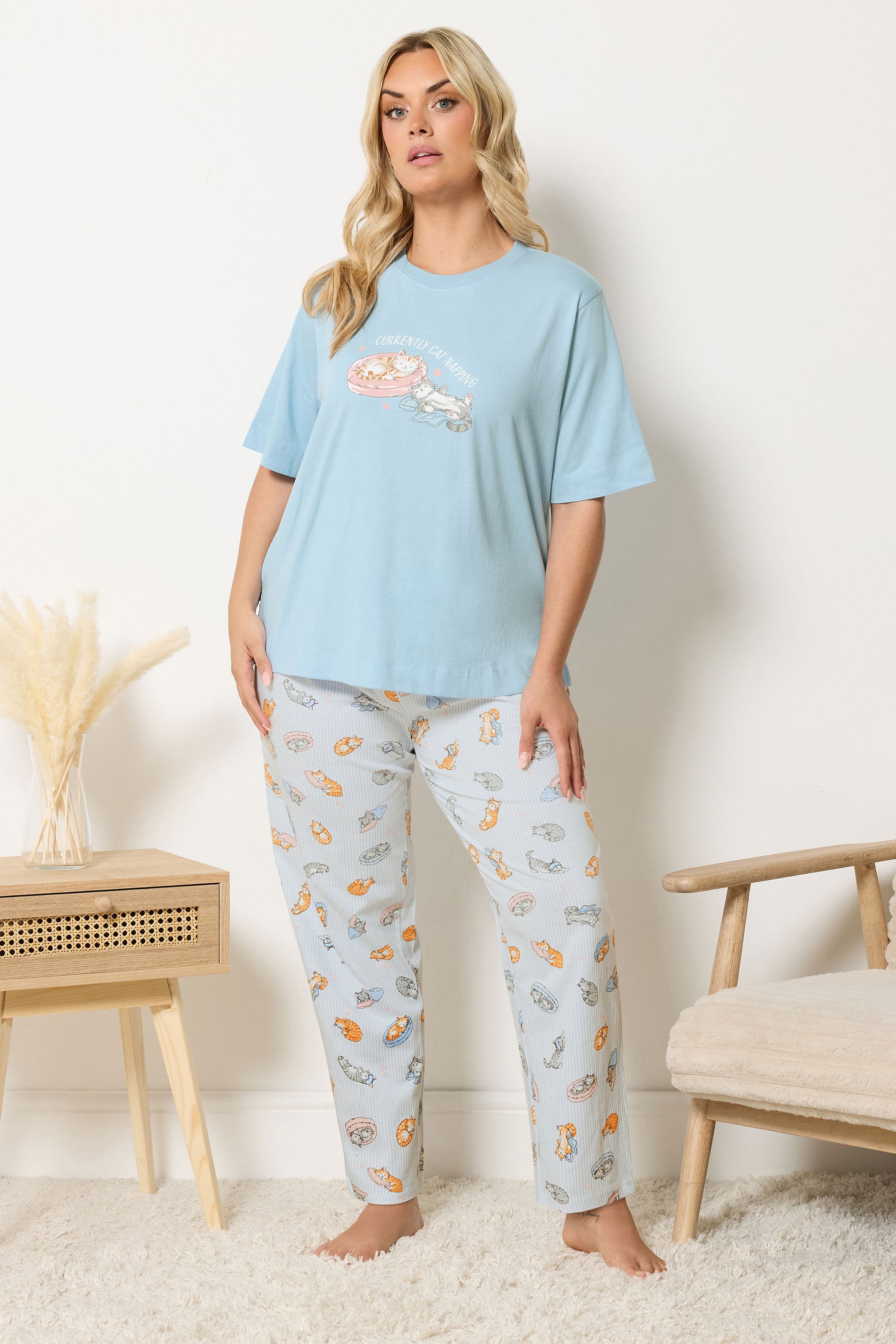 YOURS Plus Size Blue 'Currently Cat Napping' Slogan Wide Leg Pyjama Set | Yours Clothing 1