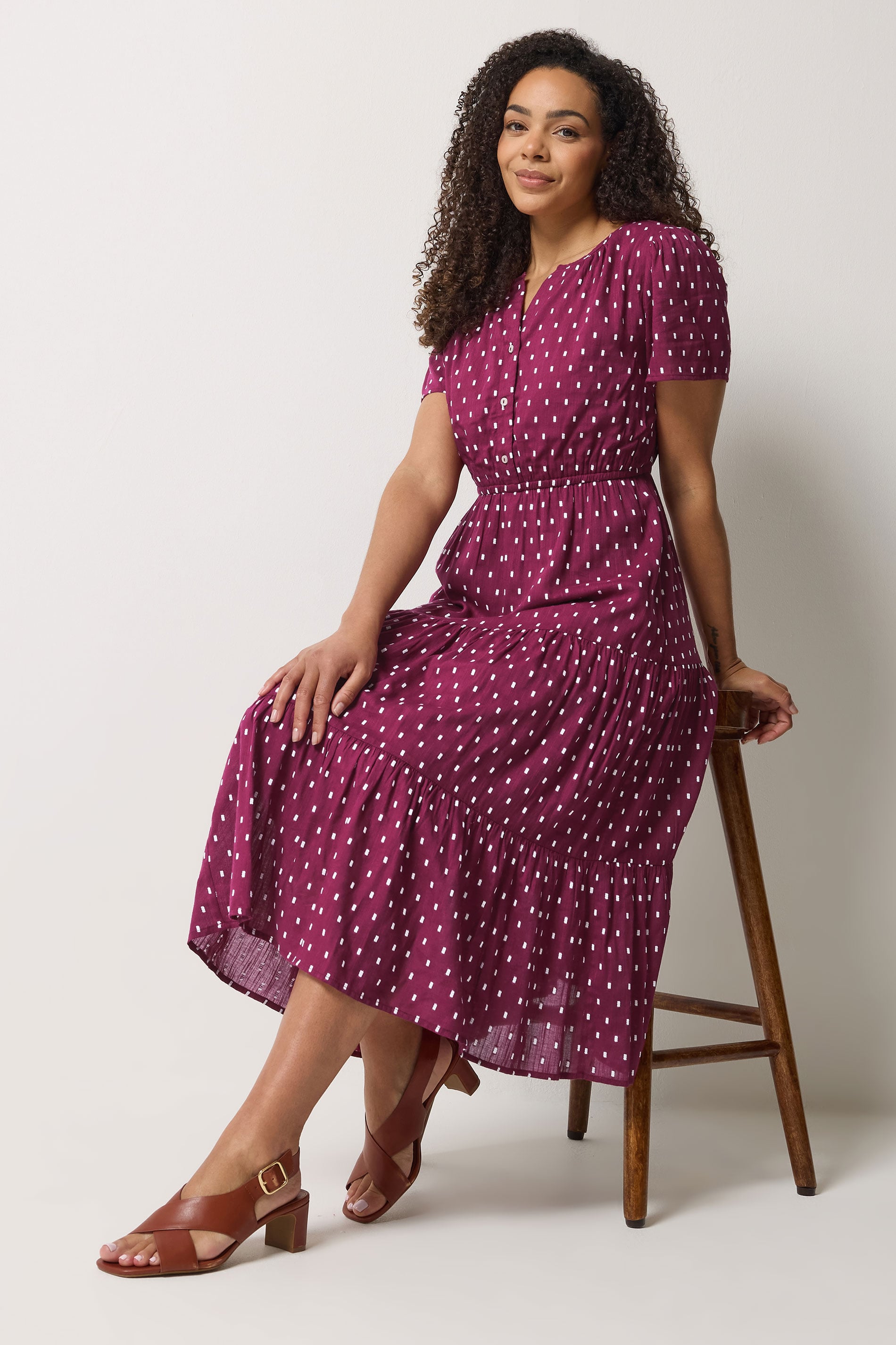M&Co Berry Red Dobby Tiered Cotton Midi Dress | M&Co 1