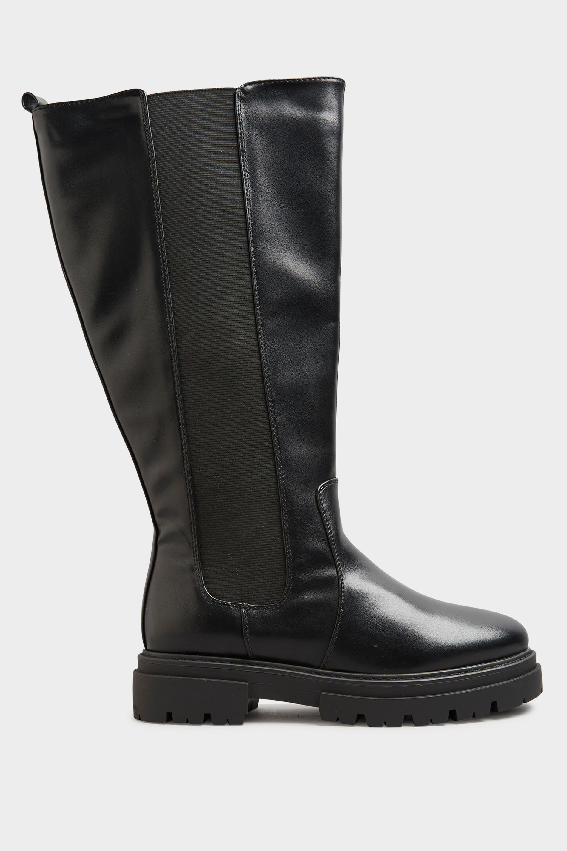 COLLECTION Black Elasticated Knee Cleated Boots Extra Fit | Yours Clothing