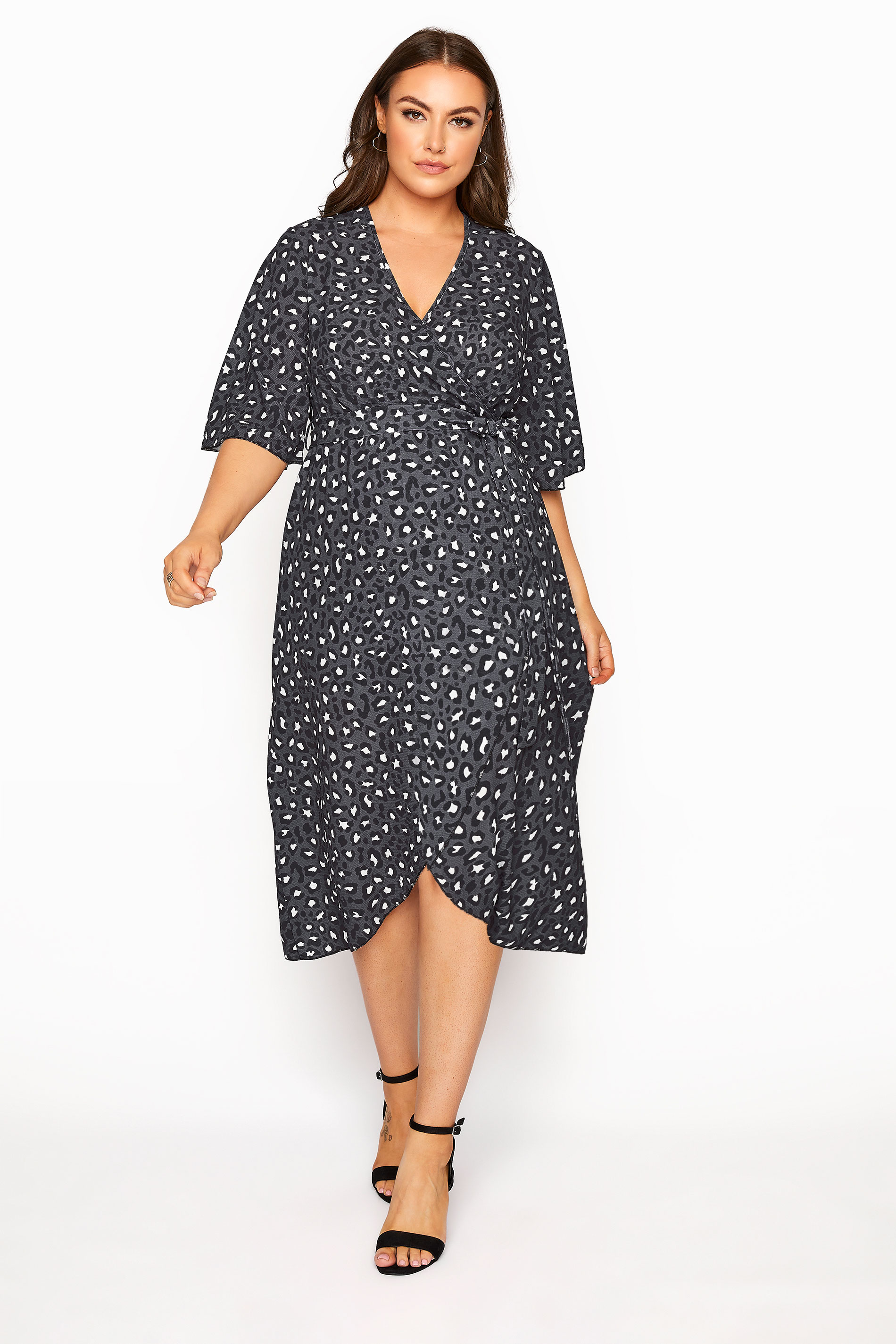 Robes Grande Taille Grande taille  Robes Portefeuilles | YOURS LONDON - Robe Grise Cache-Coeur Léopard - MD07840