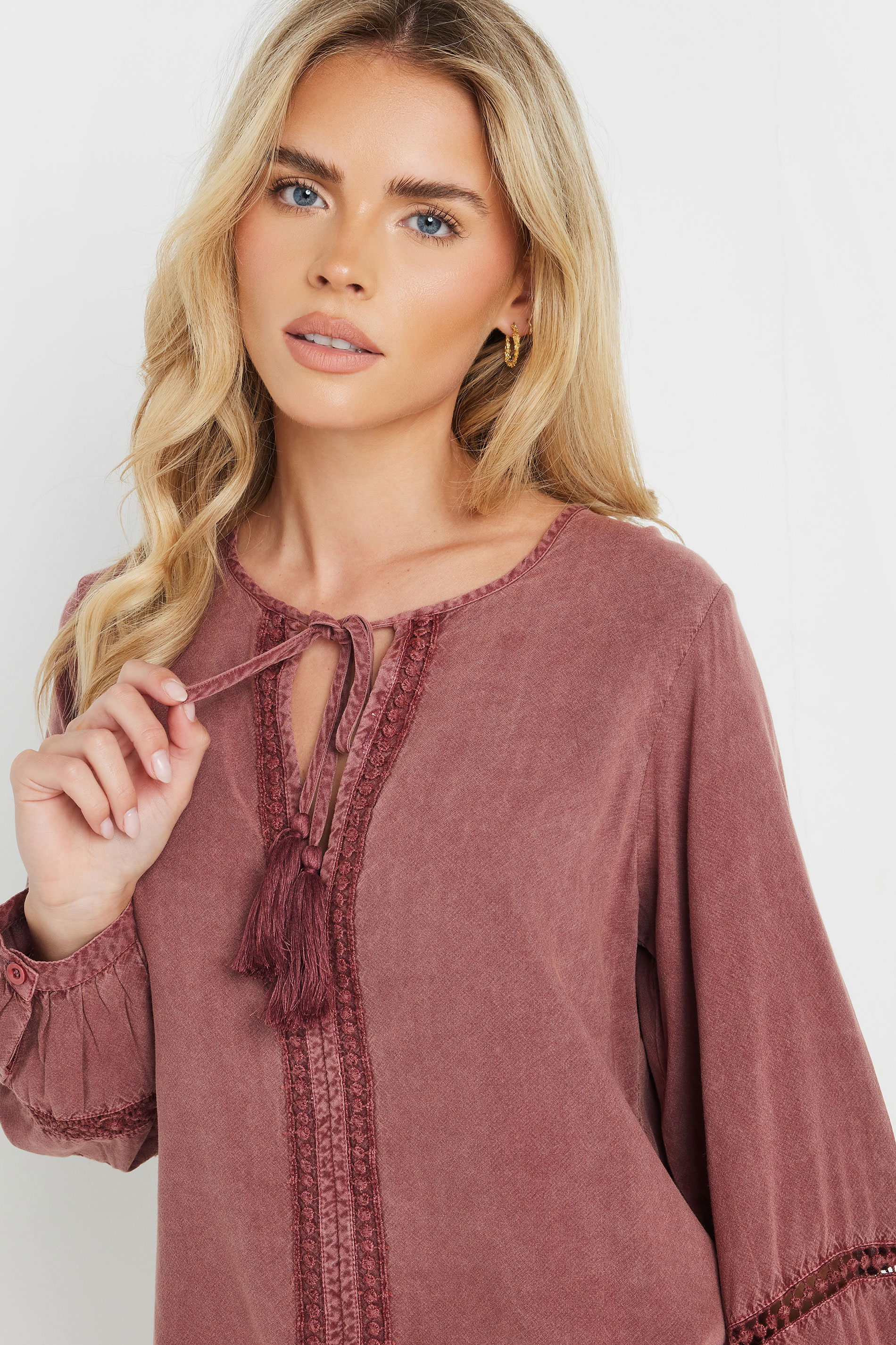 M&Co Petite Pink Long Sleeve Tie Neck Blouse | M&Co 5