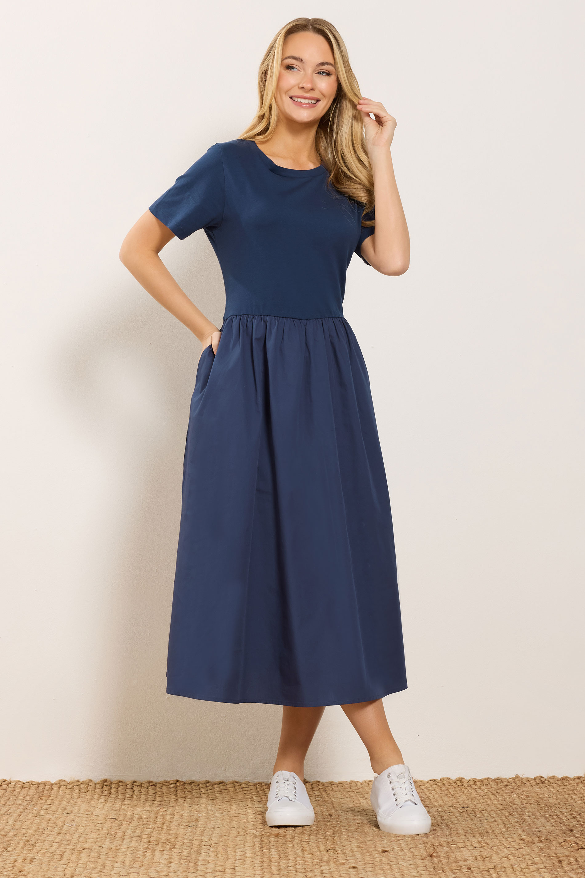 M&Co Navy Blue Short Sleeve Cotton Midi Dress | M&Co 3