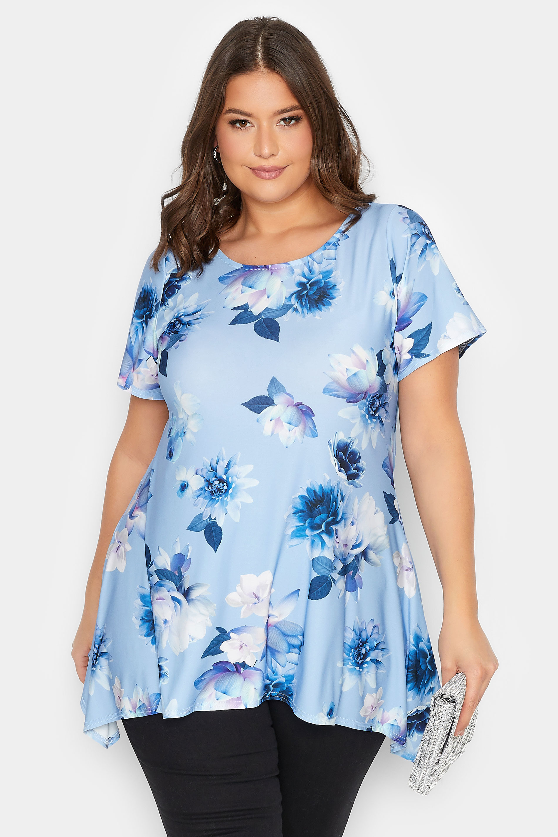 YOURS LONDON Plus Size Blue Floral Print Hanky Hem Top | Yours Clothing 1
