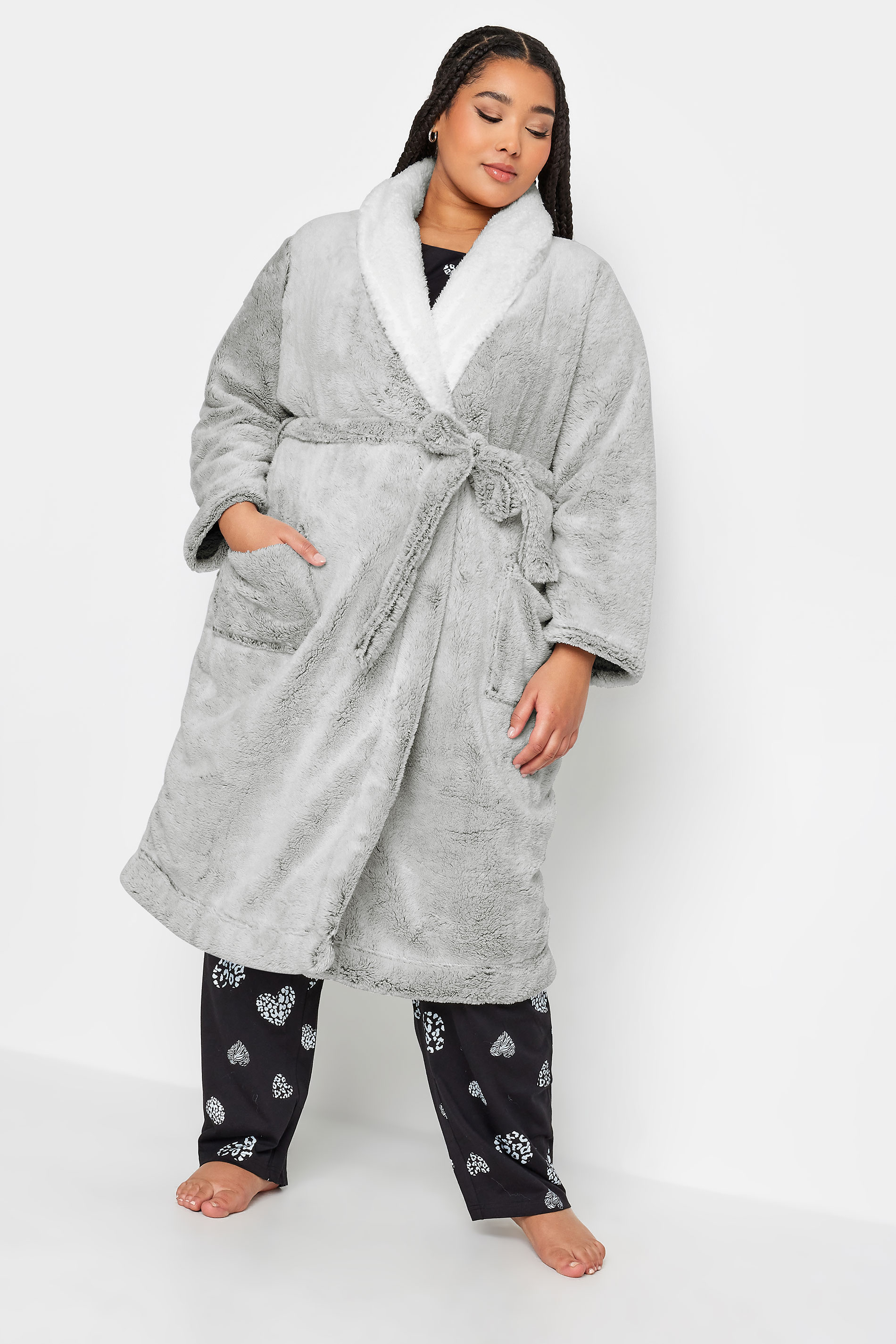 YOURS Plus Size Light Grey Soft Touch Fleece Dressing Gown | Yours Clothing 1
