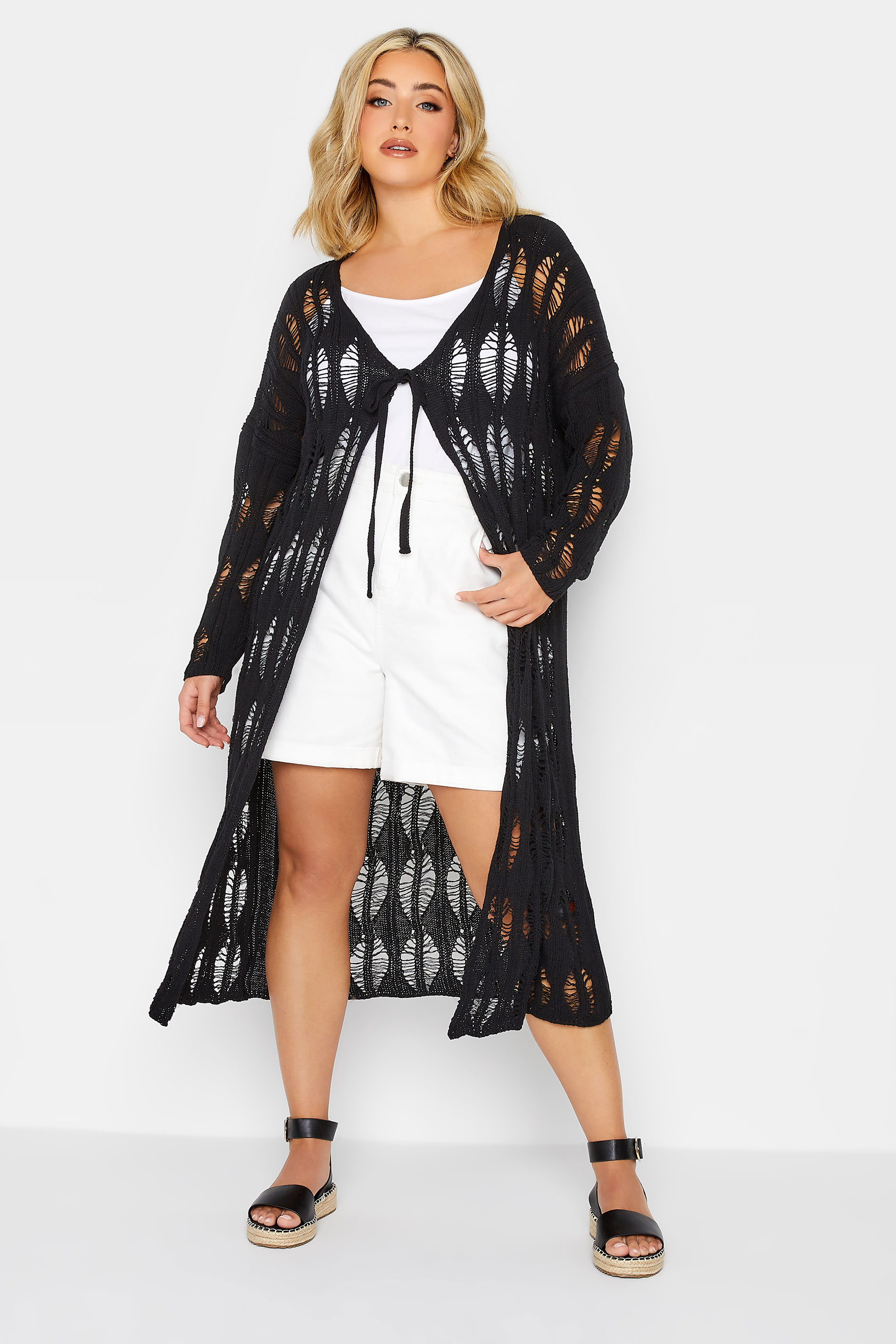 YOURS Plus Size Black Crochet Longline Cardigan | Yours Clothing 1