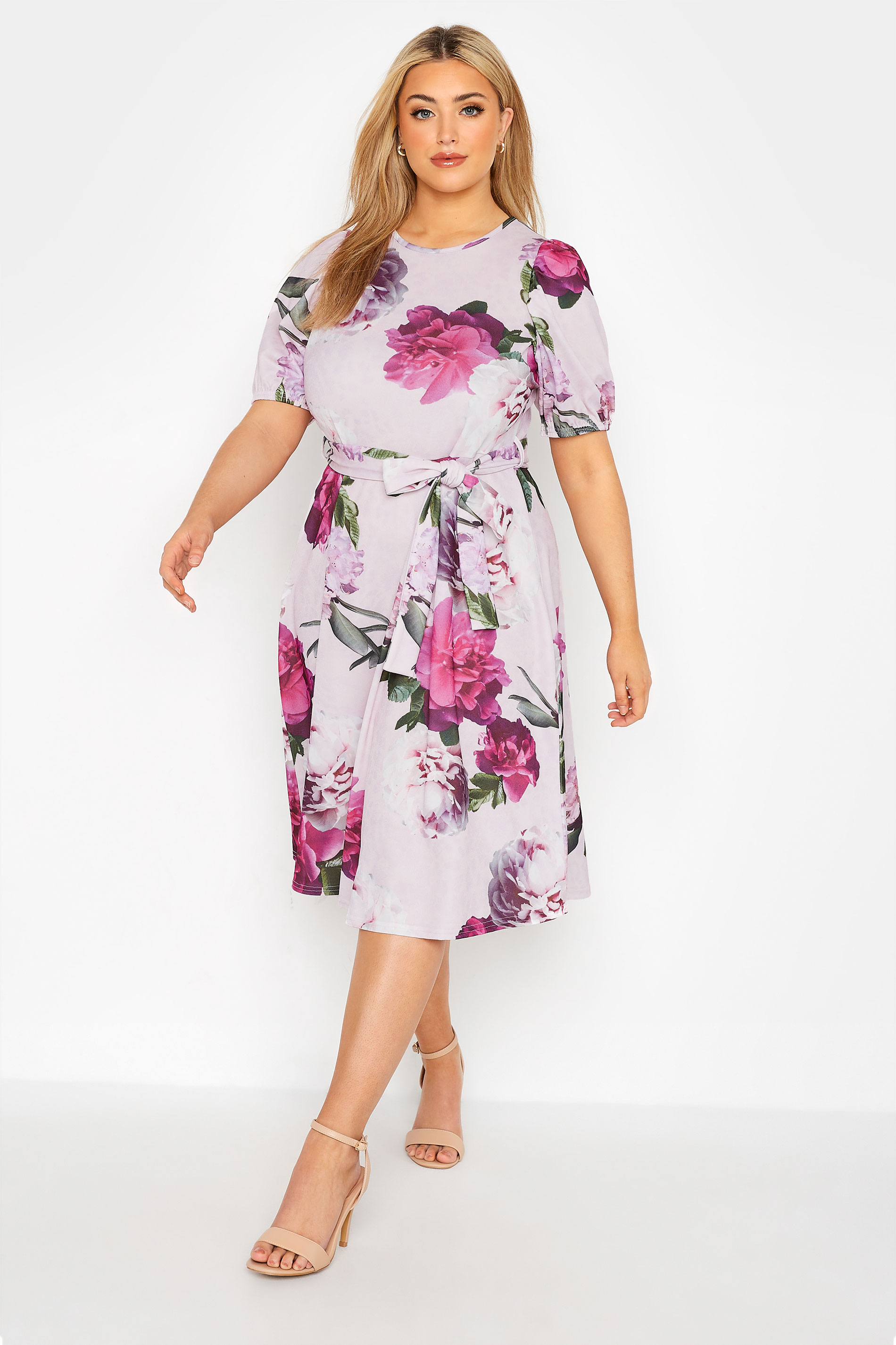 Robes Grande Taille Grande taille  Robes Imprimé Floral | YOURS LONDON - Robe Rose Floral Ceinture Manches Bouffantes - IM18217