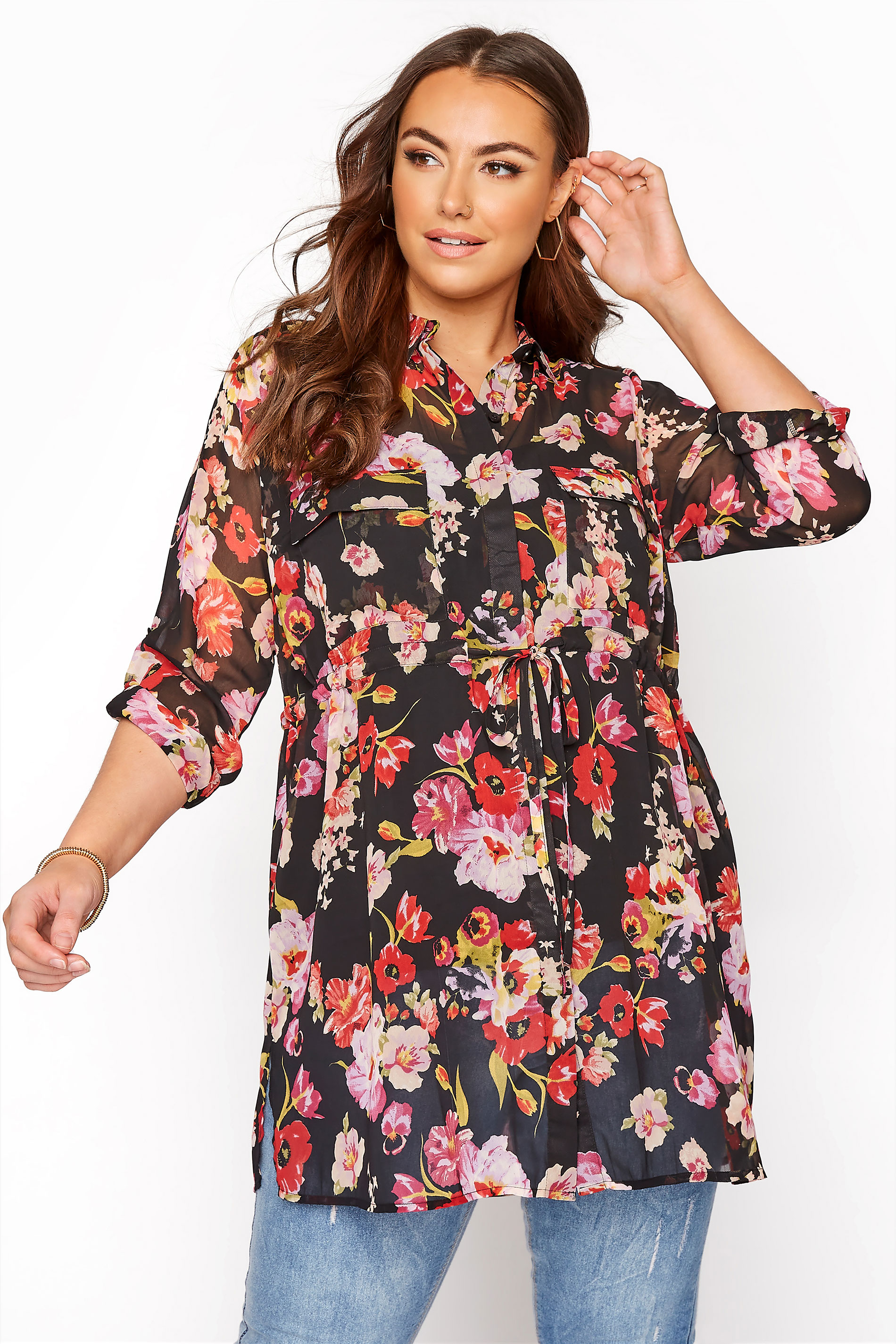 Black Floral Tie Waist Shirt | Yours Clothing