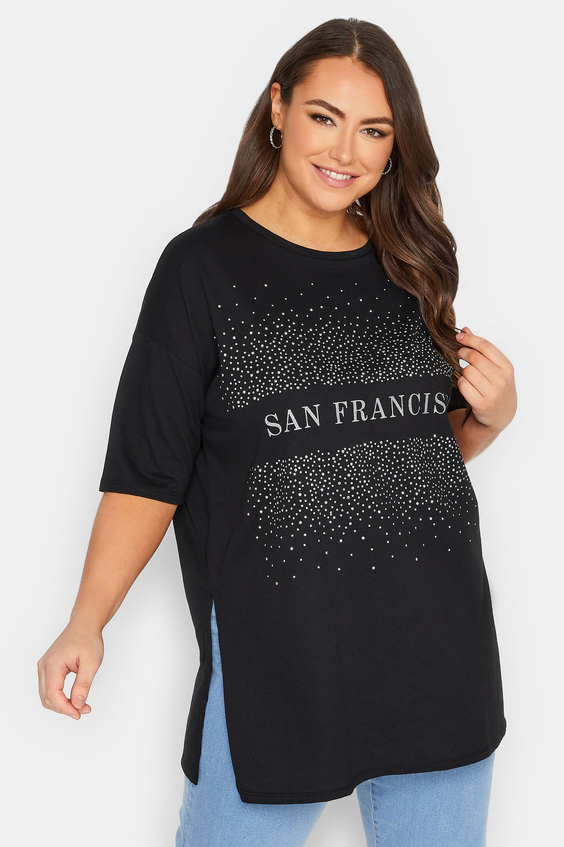 YOURS Plus Size Curve Black 'San Francisco' Slogan Sequin T-Shirt | Yours Clothing 1