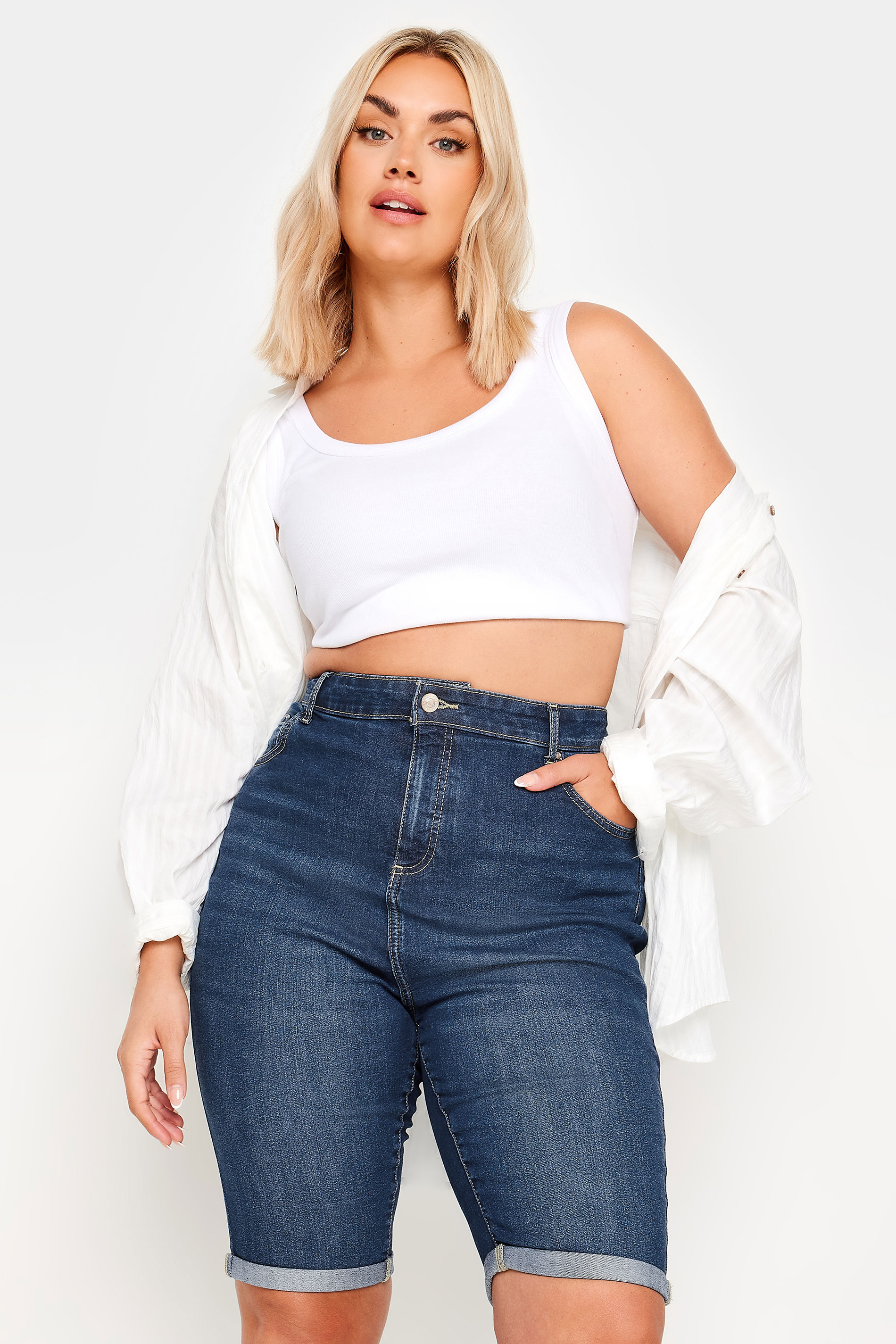 YOURS Plus Size Mid Blue Stretch Denim Shorts | Yours Clothing 1
