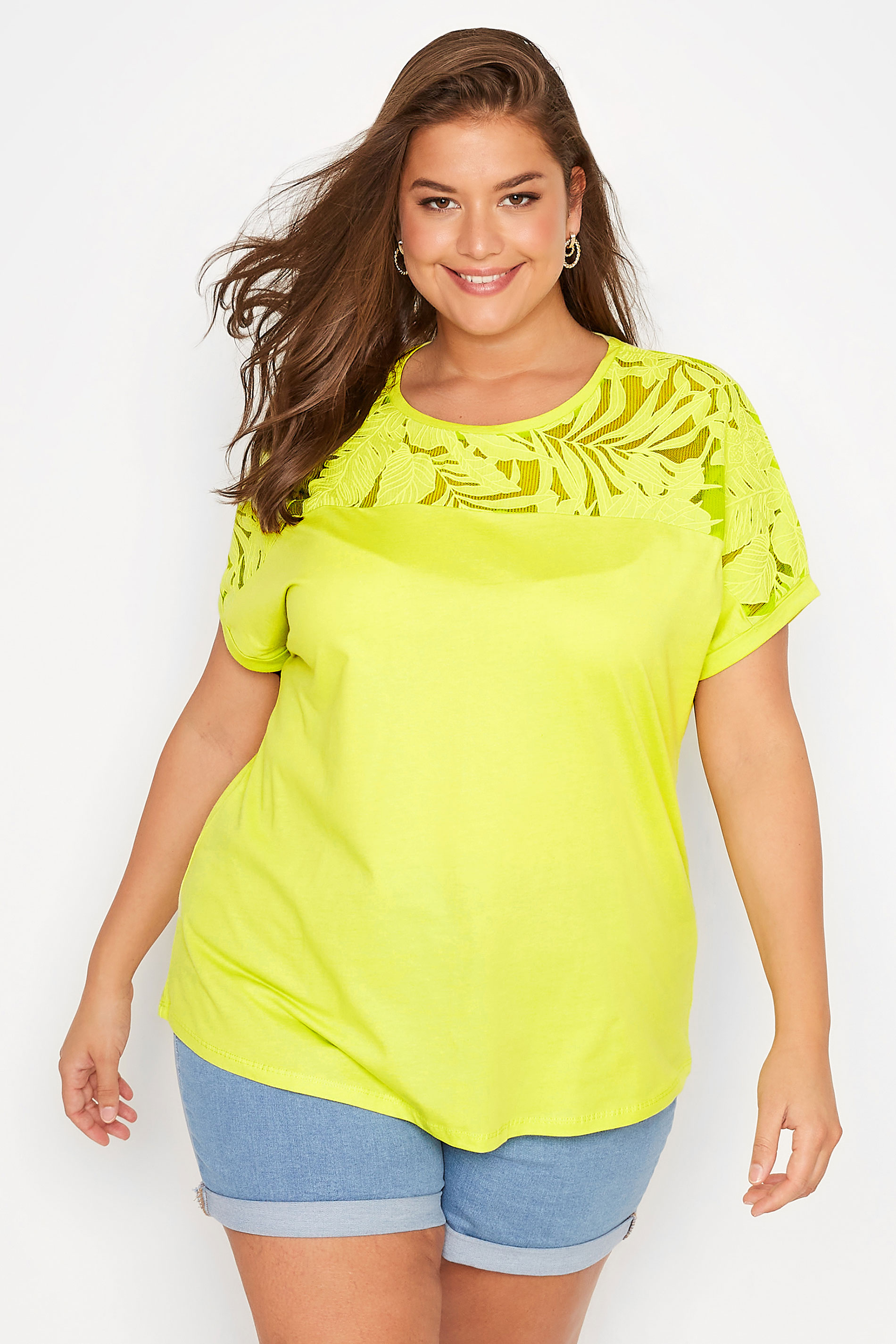 Plus Size Bright Green Floral Mesh Panel T-Shirt | Yours Clothing 1