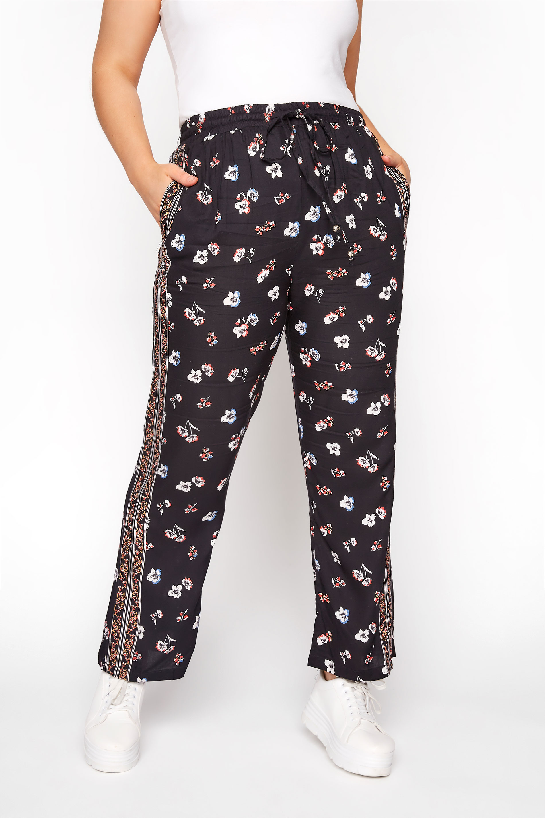 Curve Black Floral Stripe Tapered Trousers 1