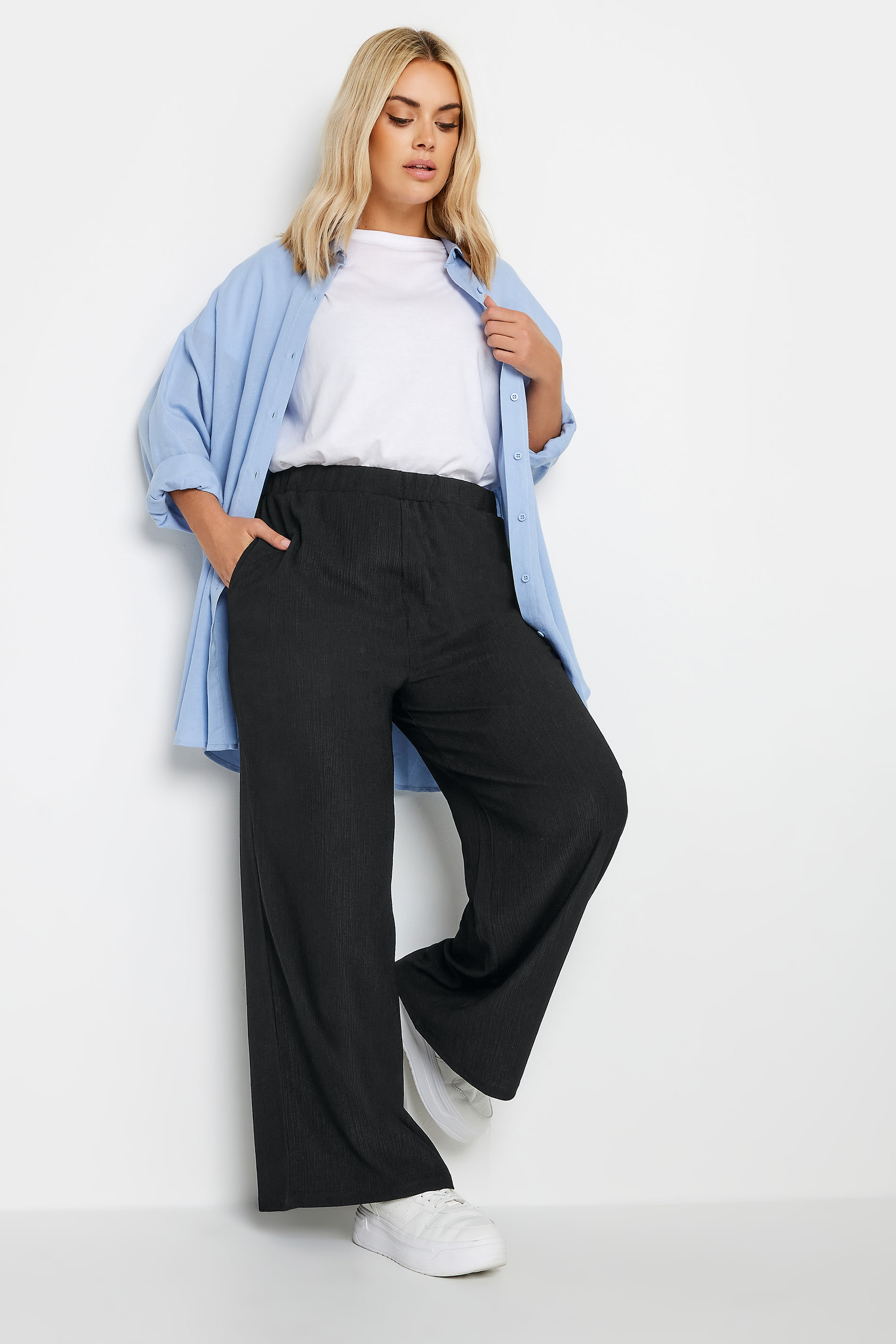YOURS Plus Size Black Textured Wide Leg Trousers | Yours Clothing 1