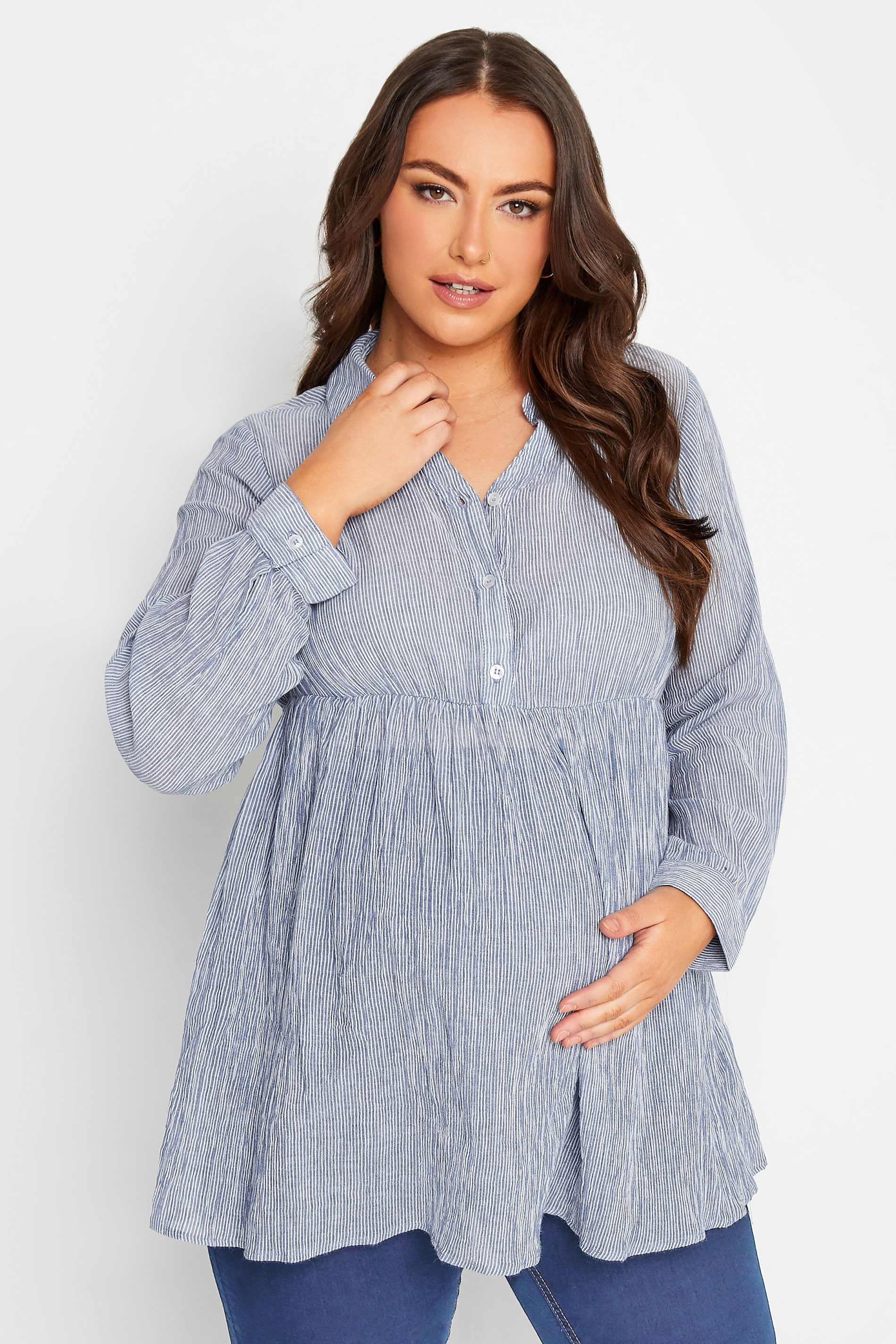 BUMP IT UP MATERNITY Plus Size Blue Stripe Popover Shirt | Yours Clothing 1