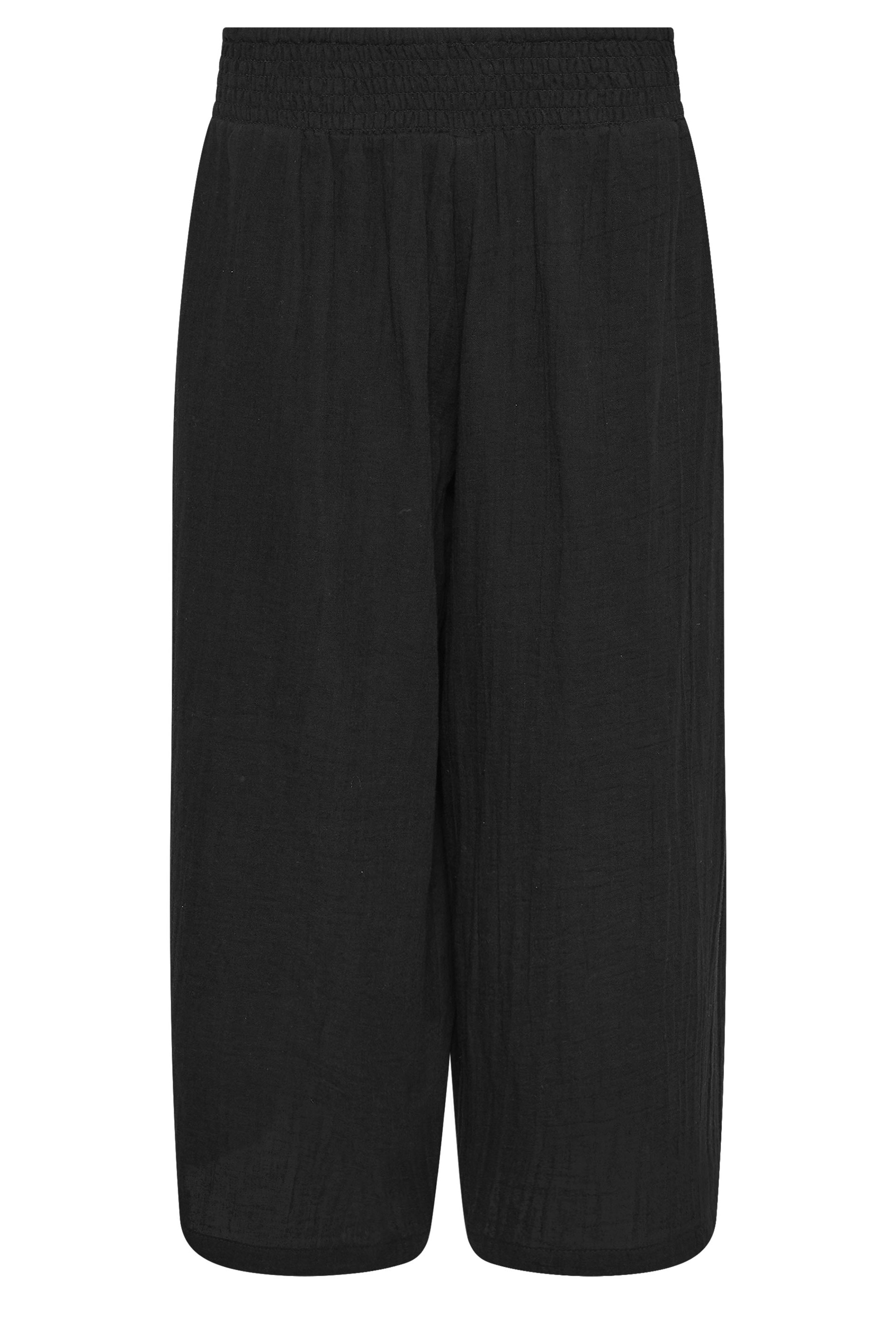 PixieGirl Petite Women's Black Cotton Cheesecloth Cropped Wide Leg Trousers | PixieGirl 5