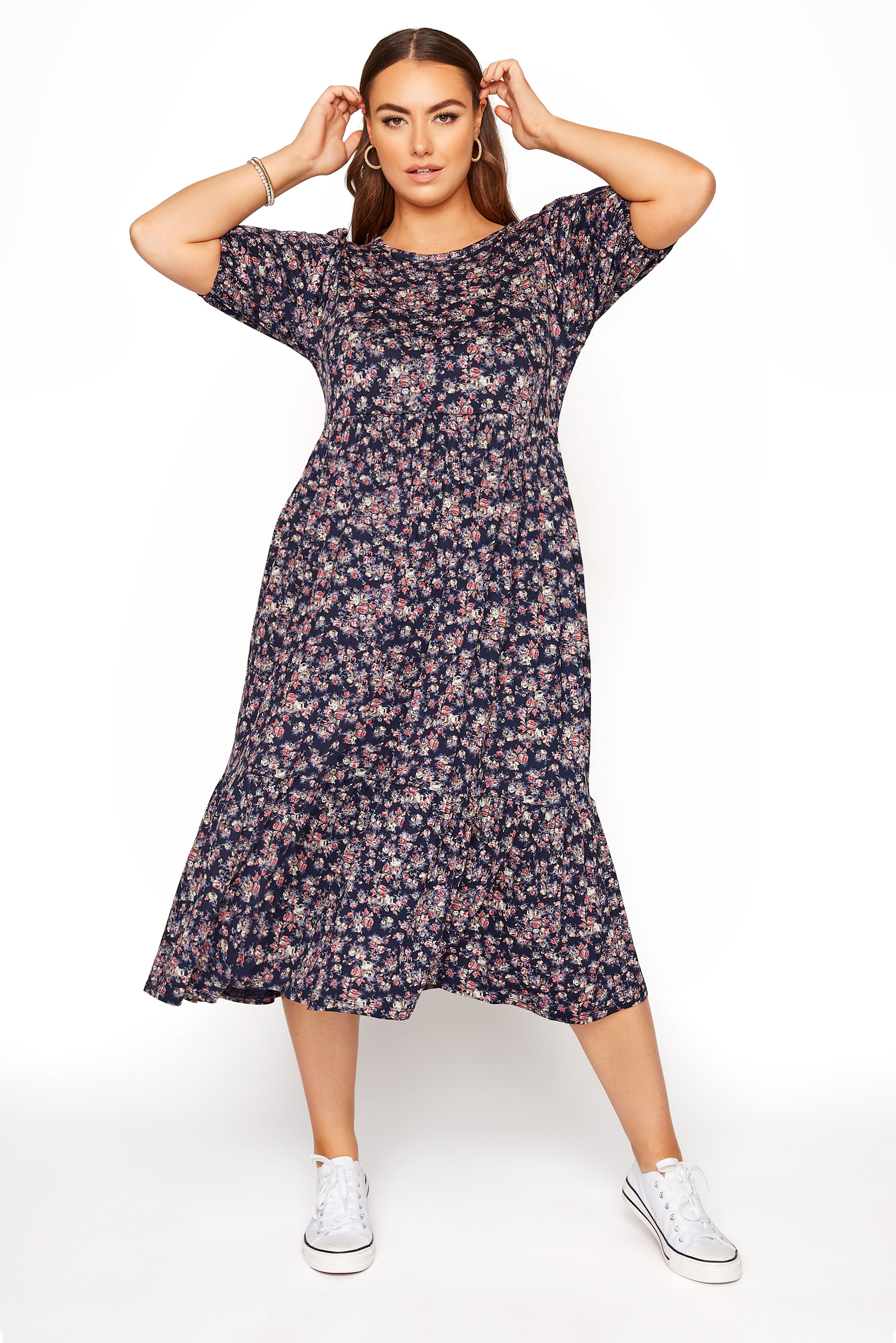 Plus Size Navy Floral Puff Sleeve Midaxi Dress | Yours Clothing