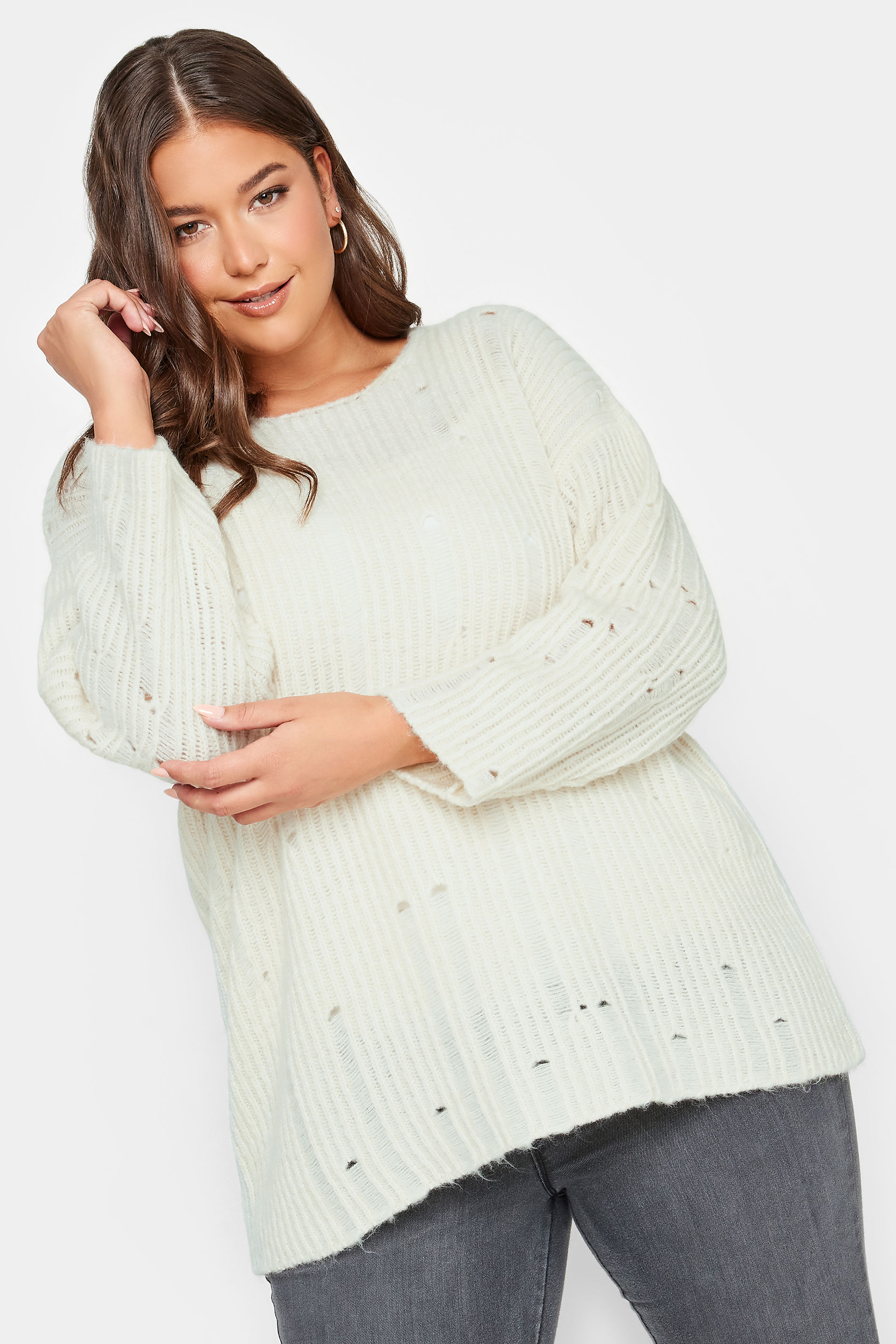 YOURS Plus Size Ivory White Distressed Knit Jumper | Yours Clothing 1