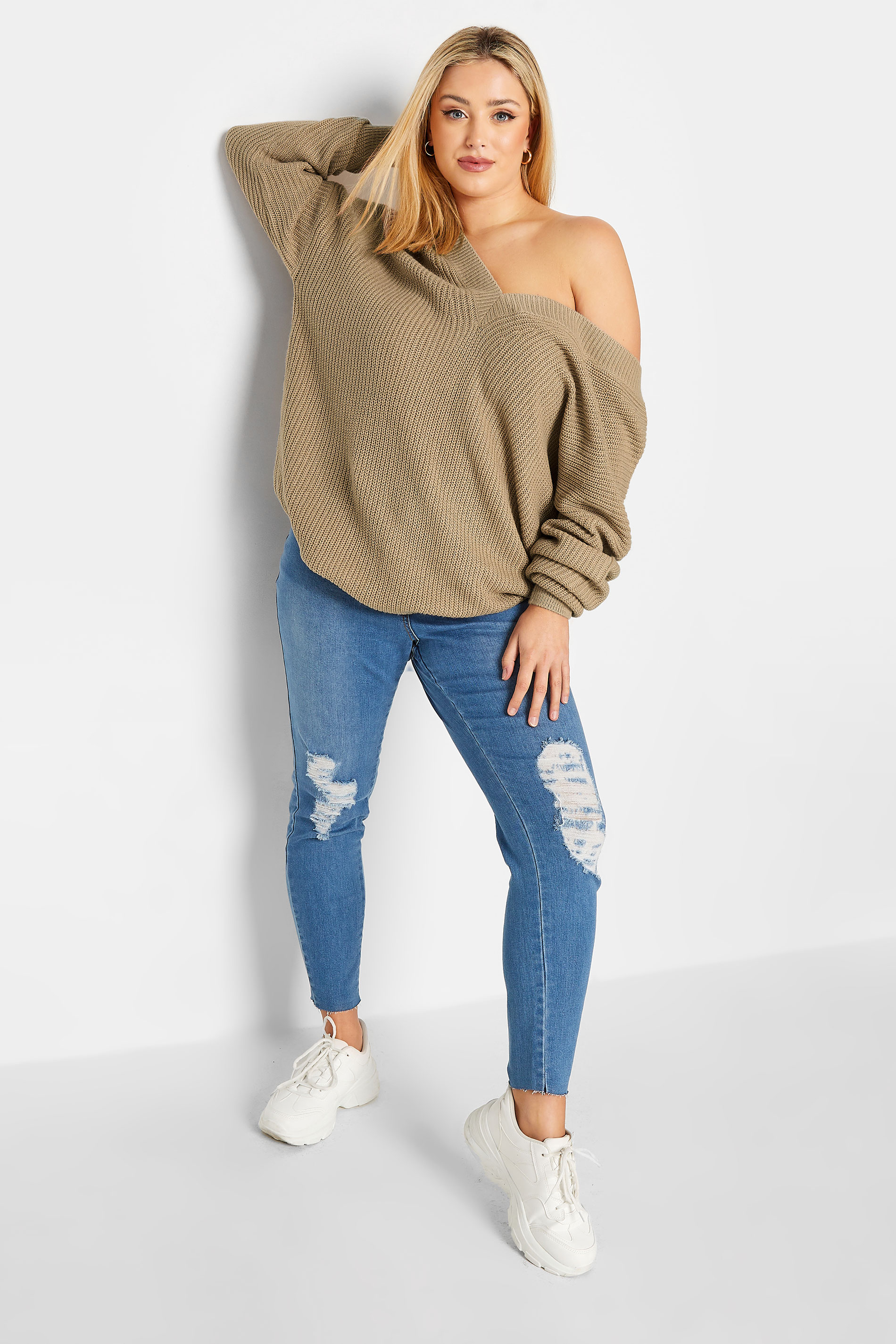 YOURS Plus Size Beige Brown Double V-Neck Jumper | Yours Clothing 2