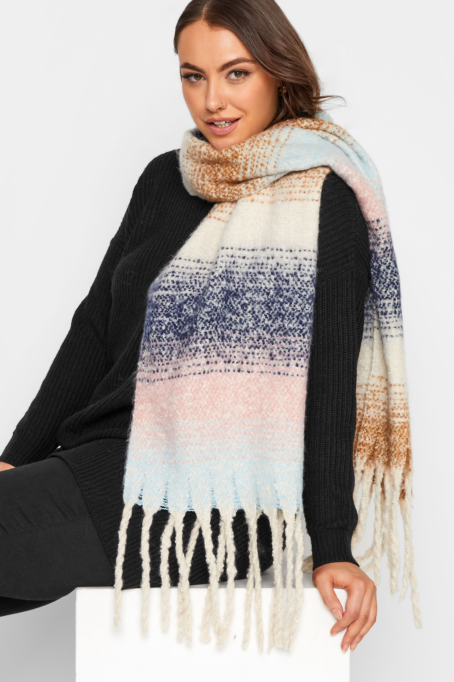 Cream & Pink Stripe Chunky Tassel Scarf | Yours Clothing 1