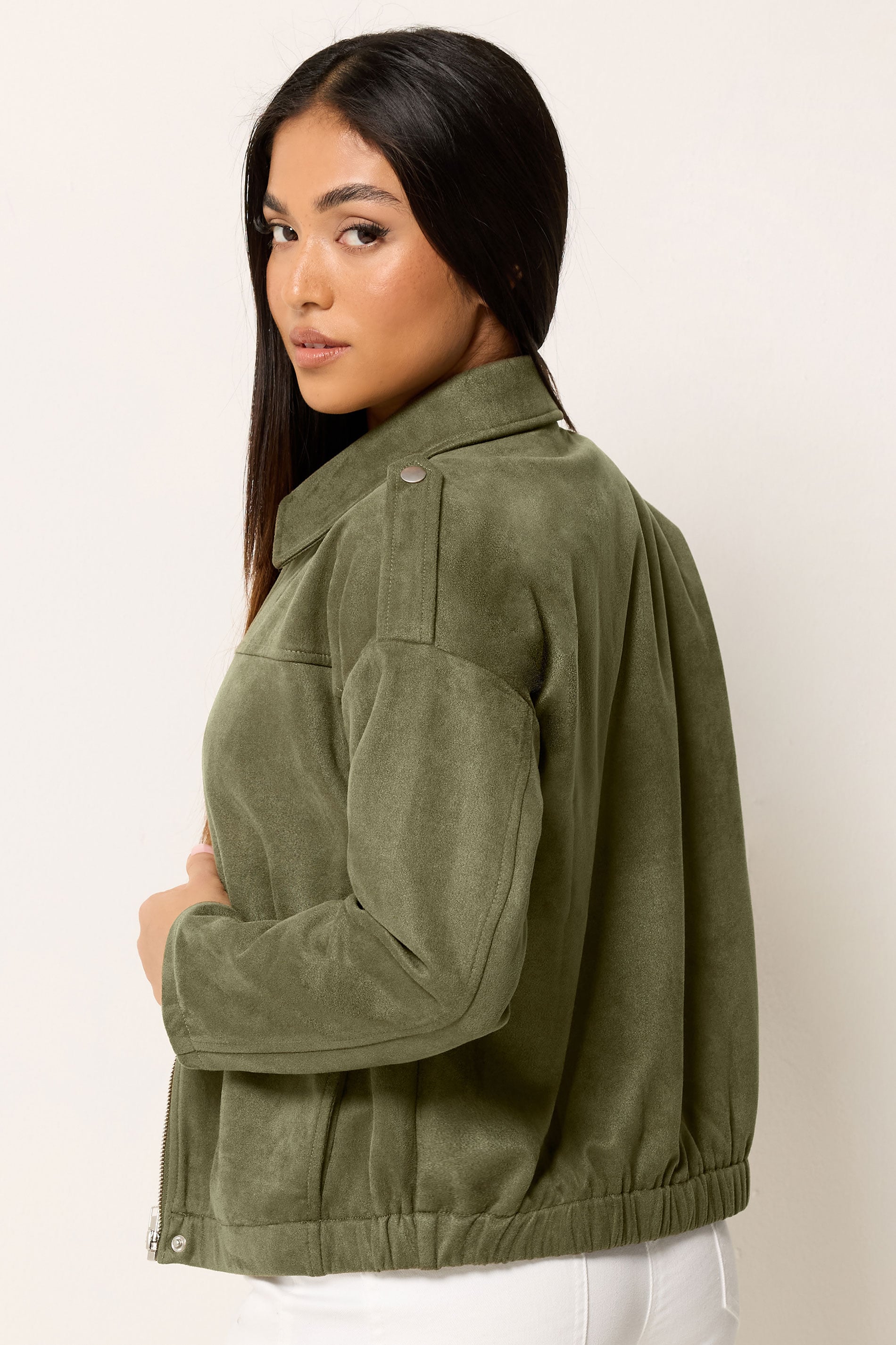 M&Co Petite Khaki Green Faux Suede Bomber Jacket | M&Co 2